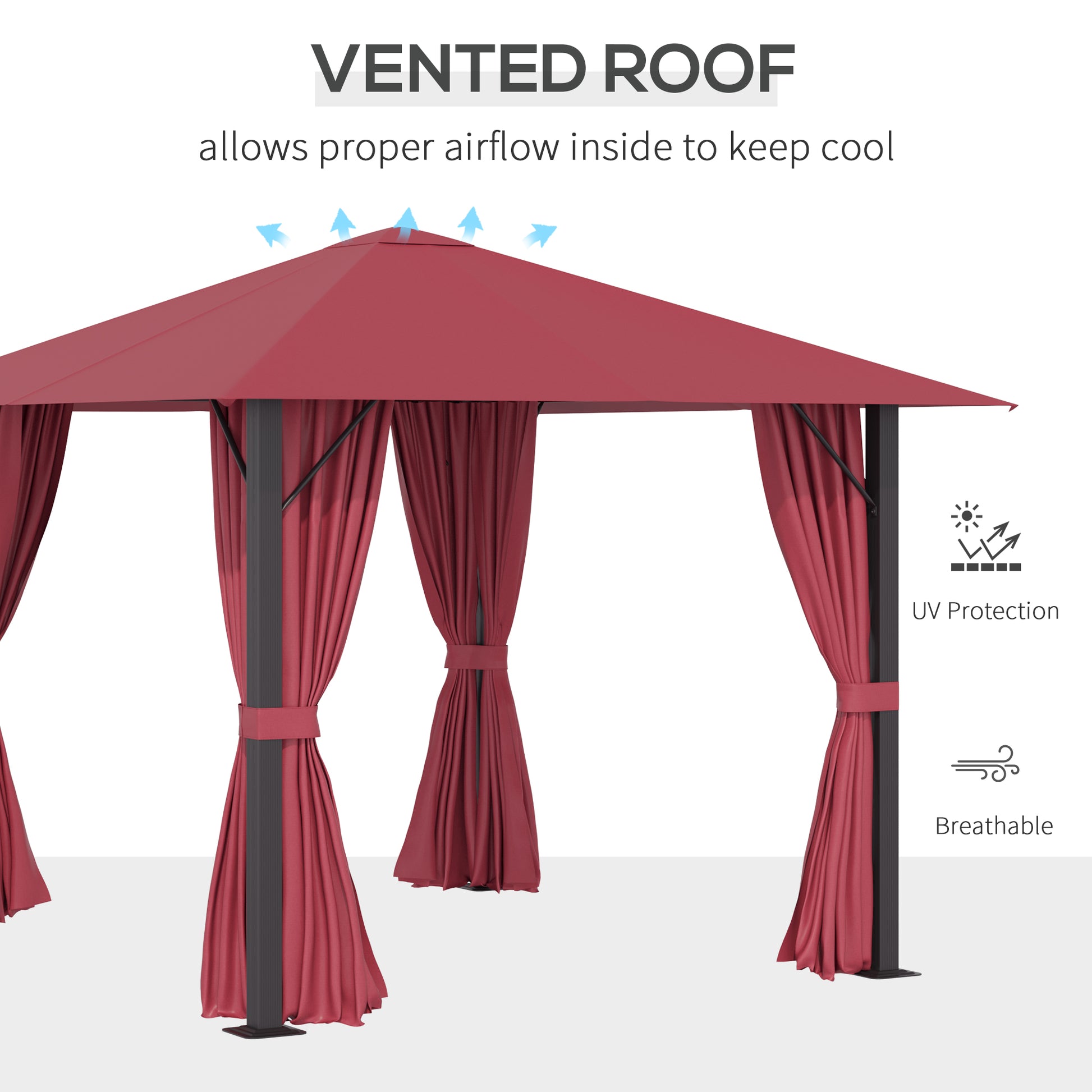 10' X 10' Patio Gazebo Aluminum Frame Outdoor Canopy Shelter With Sidewalls, Vented Roof For Garden, Lawn, Backyard, And Deck, Wine Red Red Aluminium