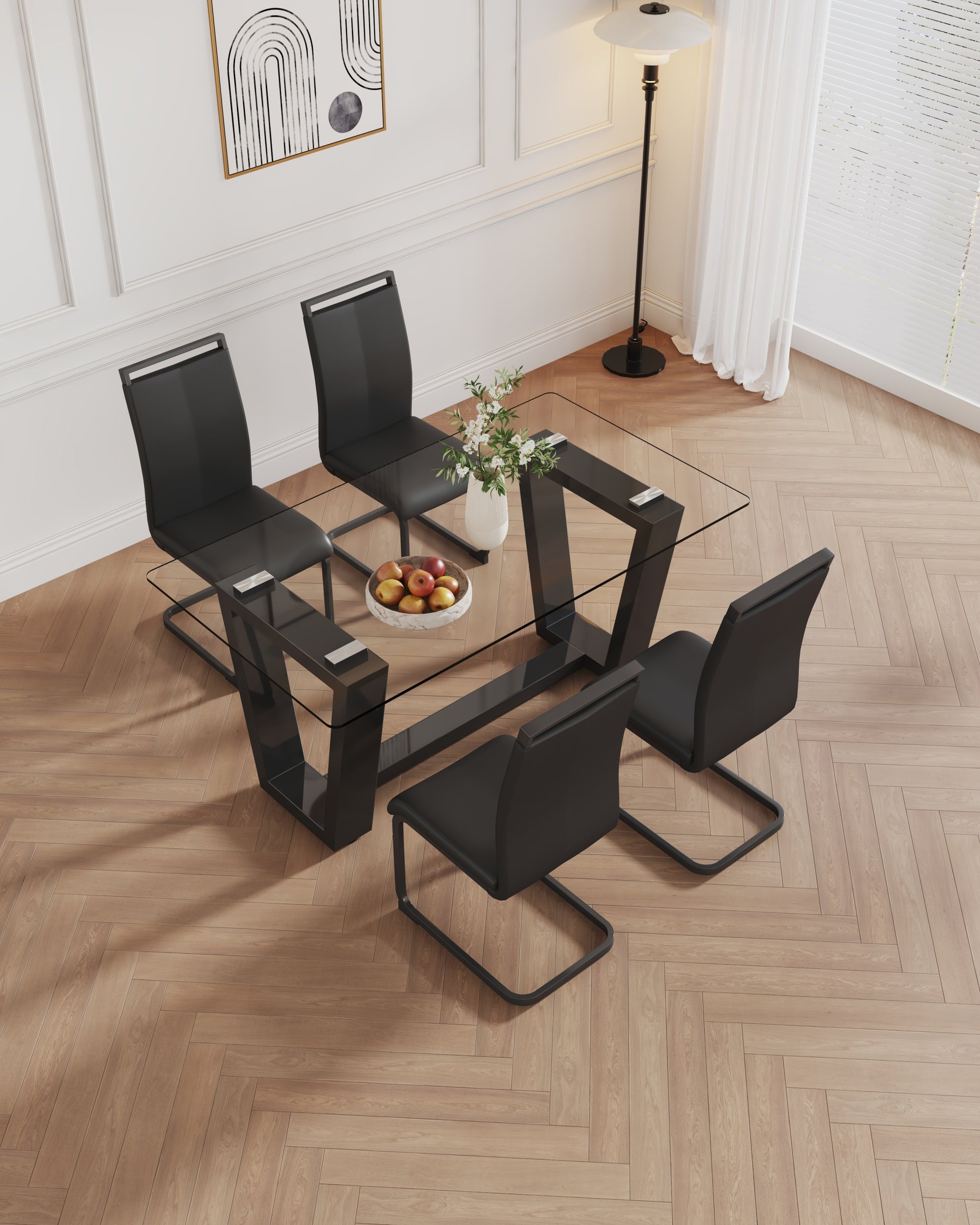 Table And Chair Set, 1 Table With 6 Black Chairs. 0.4 "Tempered Glass Desktop And Black Mdf, Pu Artificial Leather High Backrest Cushion Side Chair, C Shaped Tube Black Coated Metal Legs. Black Mdf