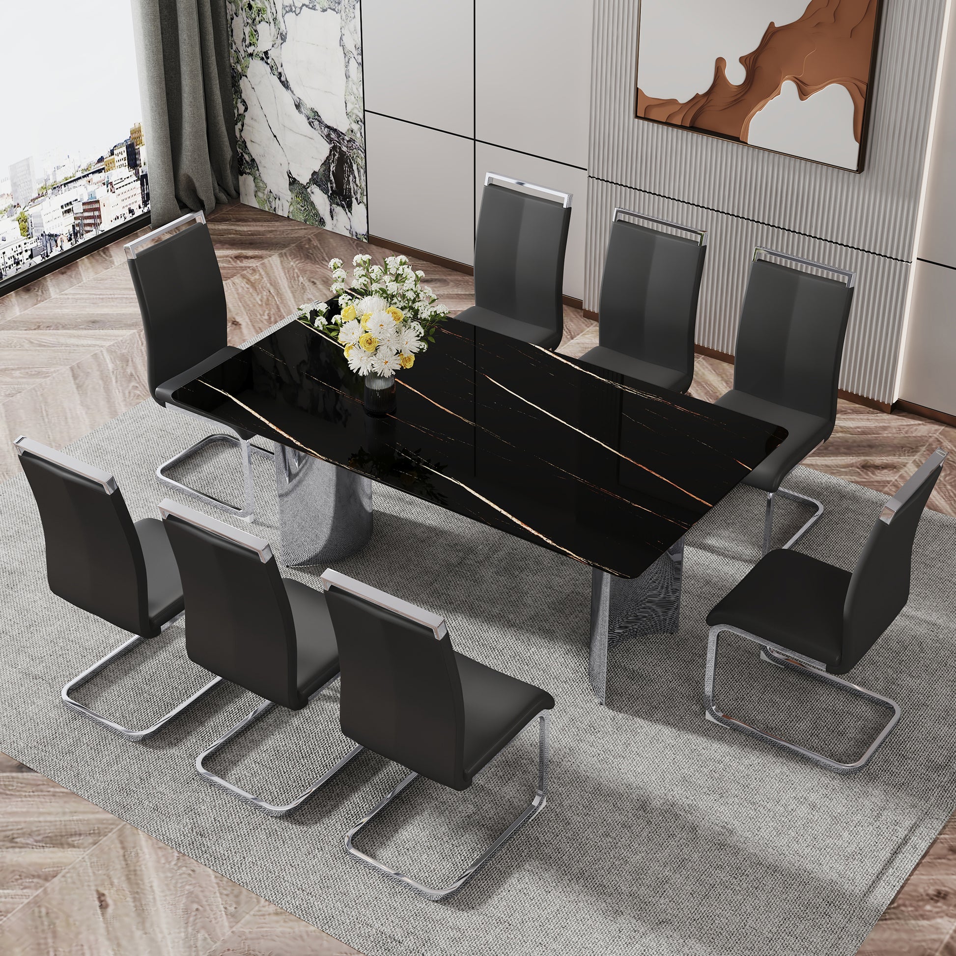 Modern Minimalist Dining Table. The Black Imitation Marble Glass Desktop Is Equipped With Silver Metal Legs. Suitable For Restaurants And Living Rooms 71 "* 39.3" * 29.5 "Dt 69 Black Glass