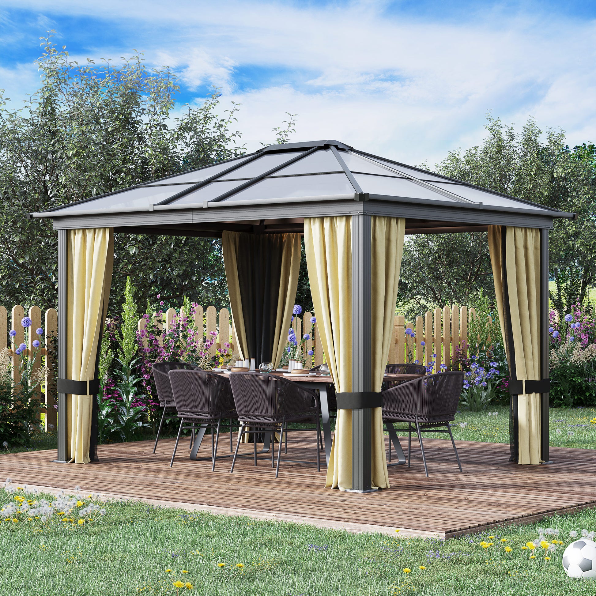 10' X 12' Hardtop Gazebo Canopy With Polycarbonate Roof, Aluminum Frame, Permanent Pavilion Outdoor Gazebo With Netting And Curtains For Patio, Garden, Backyard, Lawn, Deck Beige Polyester