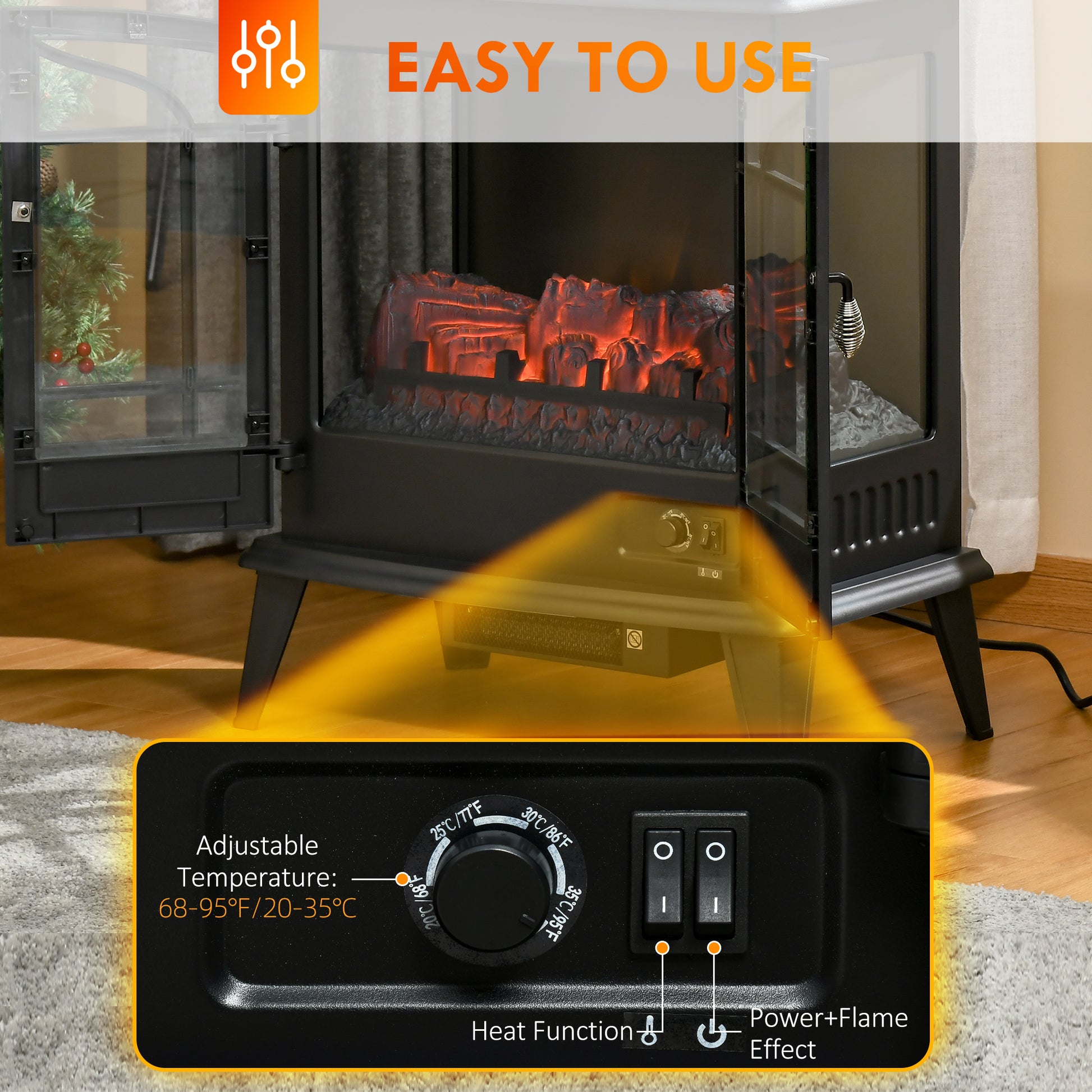 29" Electric Fireplace Heater, Freestanding Fire Place Stove With Realistic Led Log Flames And Overheating Safety Protection, 1400W, Black Black Steel