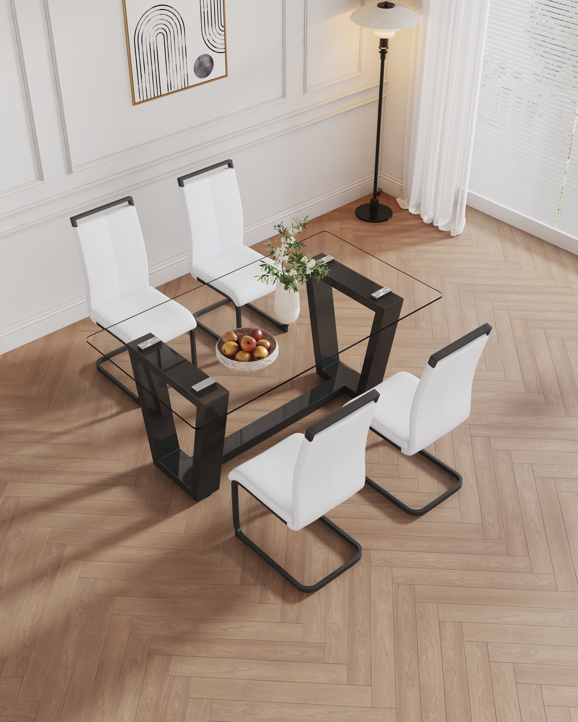 Table And Chair Set, 1 Table With 4 White Chairs. 0.4 "Tempered Glass Desktop And Black Mdf, Pu Artificial Leather High Backrest Cushion Side Chair, C Shaped Tube Black Coated Metal Legs. Black Mdf