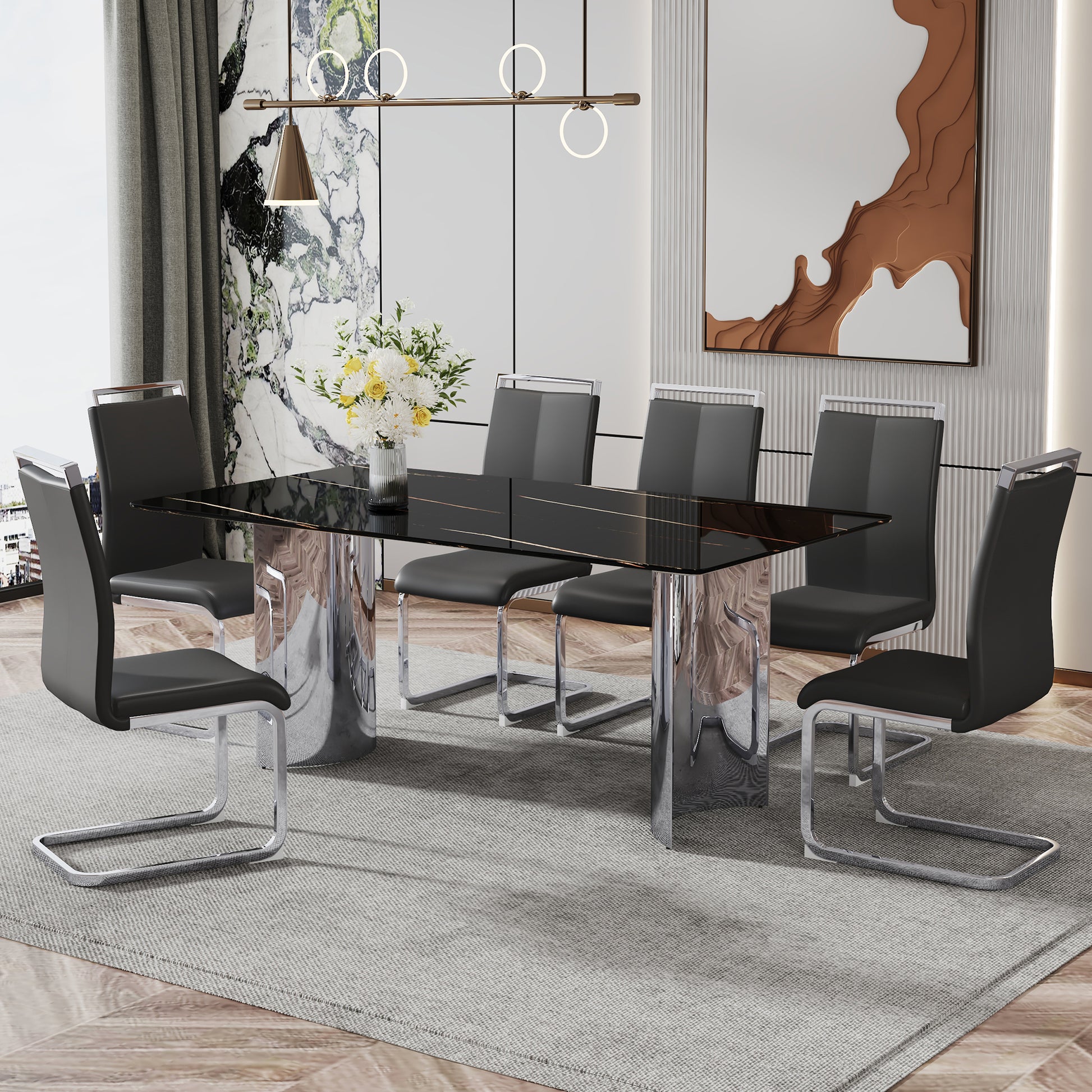 Modern Minimalist Dining Table. The Black Imitation Marble Glass Desktop Is Equipped With Silver Metal Legs. Suitable For Restaurants And Living Rooms 71 "* 39.3" * 29.5 "Dt 69 Black Glass