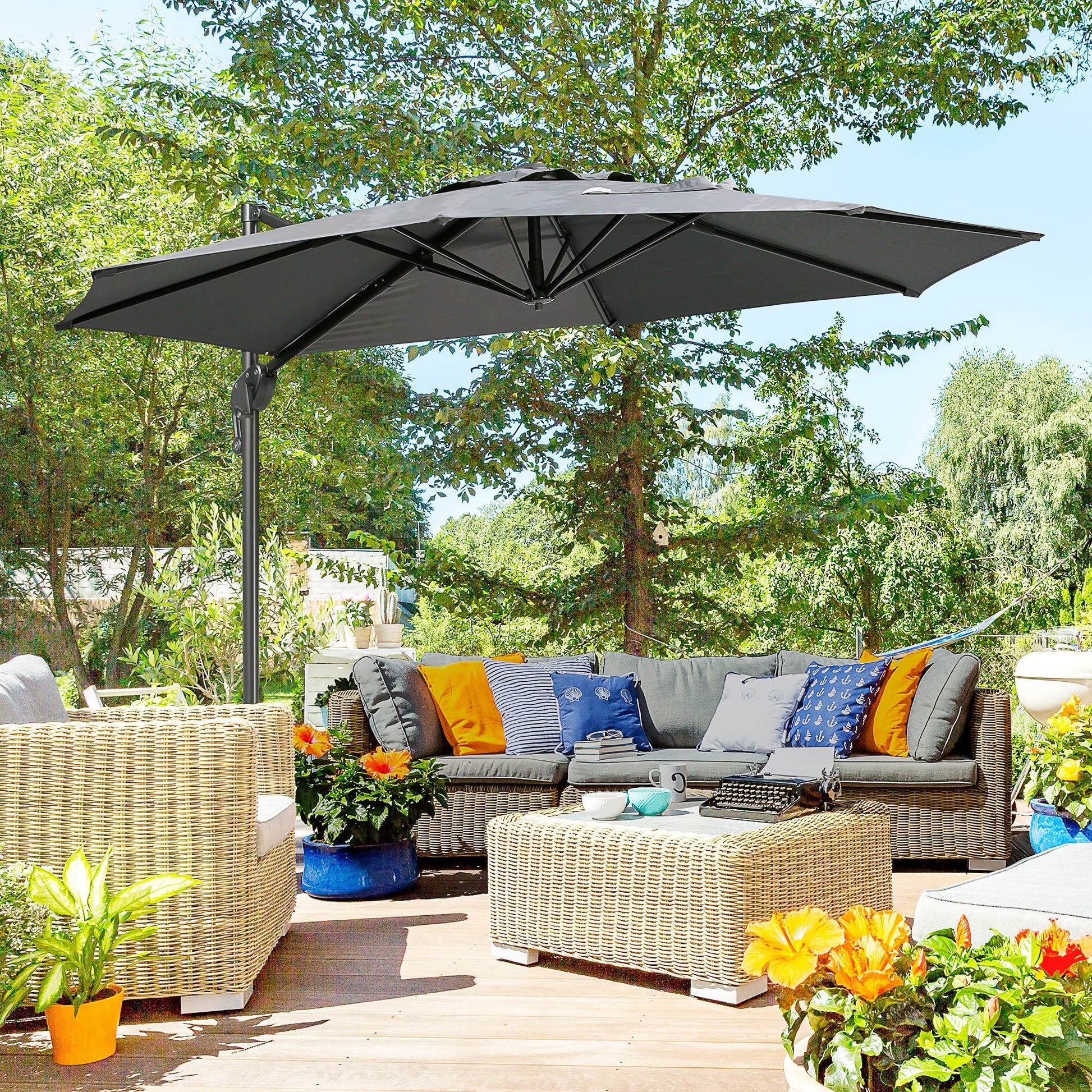 aluminum gray cantilever patio umbrellas 10Ft Offset Patio Umbrella With Base, Hanging Aluminum And Steel Canti