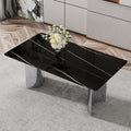 Modern Minimalist Dining Table. The Black Imitation Marble Glass Desktop Is Equipped With Silver Metal Legs. Suitable For Restaurants And Living Rooms 71 