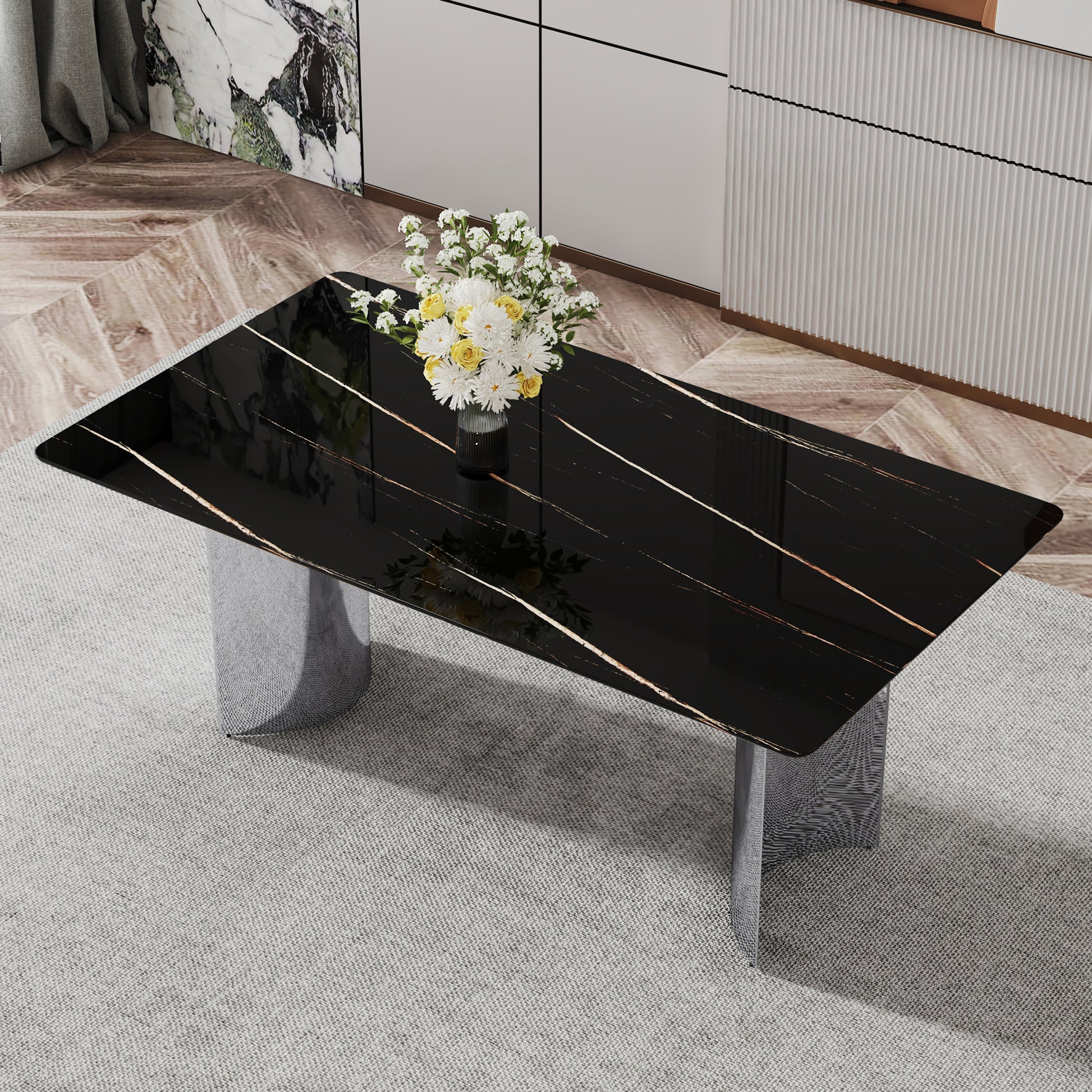 Modern Minimalist Dining Table. The Black Imitation Marble Glass Desktop Is Equipped With Silver Metal Legs. Suitable For Restaurants And Living Rooms 71 "* 39.3" * 29.5 "Dt 69 Black Glass