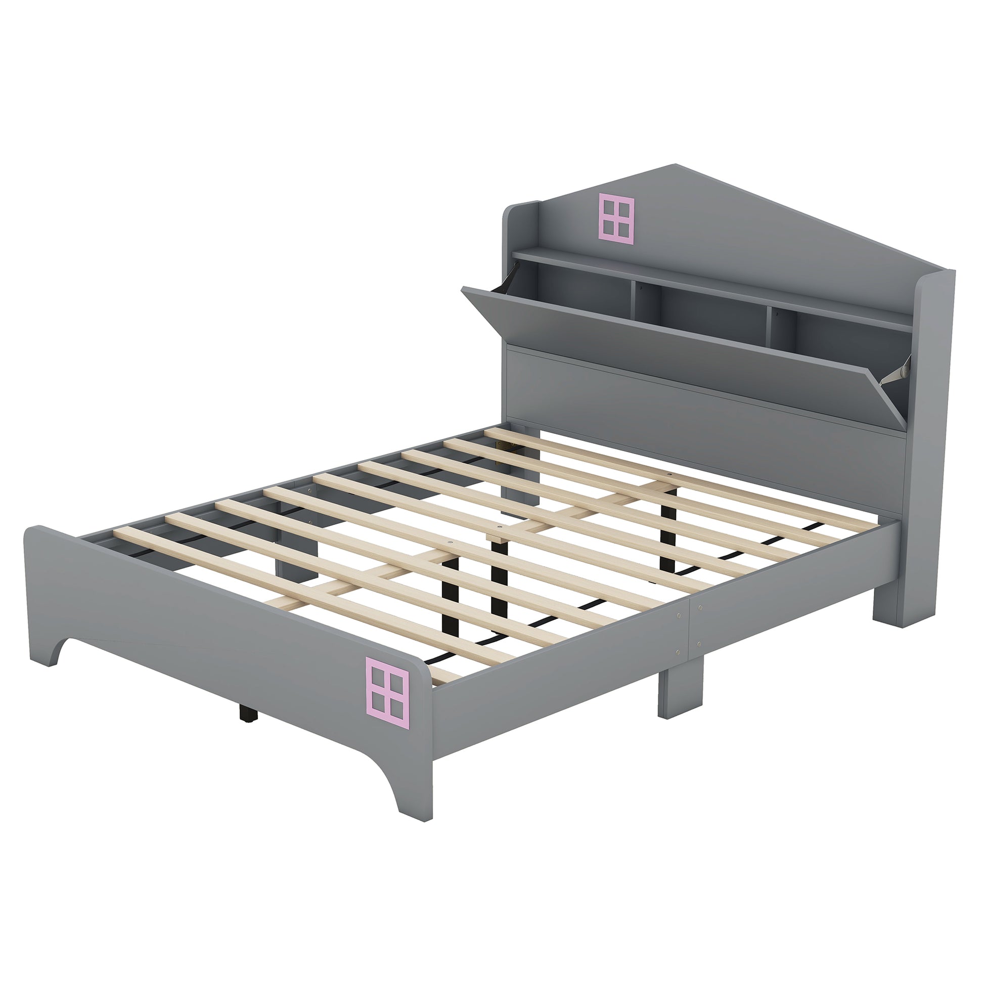 3 Pieces Bedroom Sets Full Size House Bed With Storage Headboard, Wooden Nightstand And Storage Dresser,Gray Gray Wood