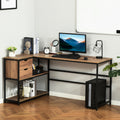 L Shaped Home Offie Computer Desk With Storage Shelves, 2 Dawers And Industrial Steel Frame, Black Brown Brown Mdf