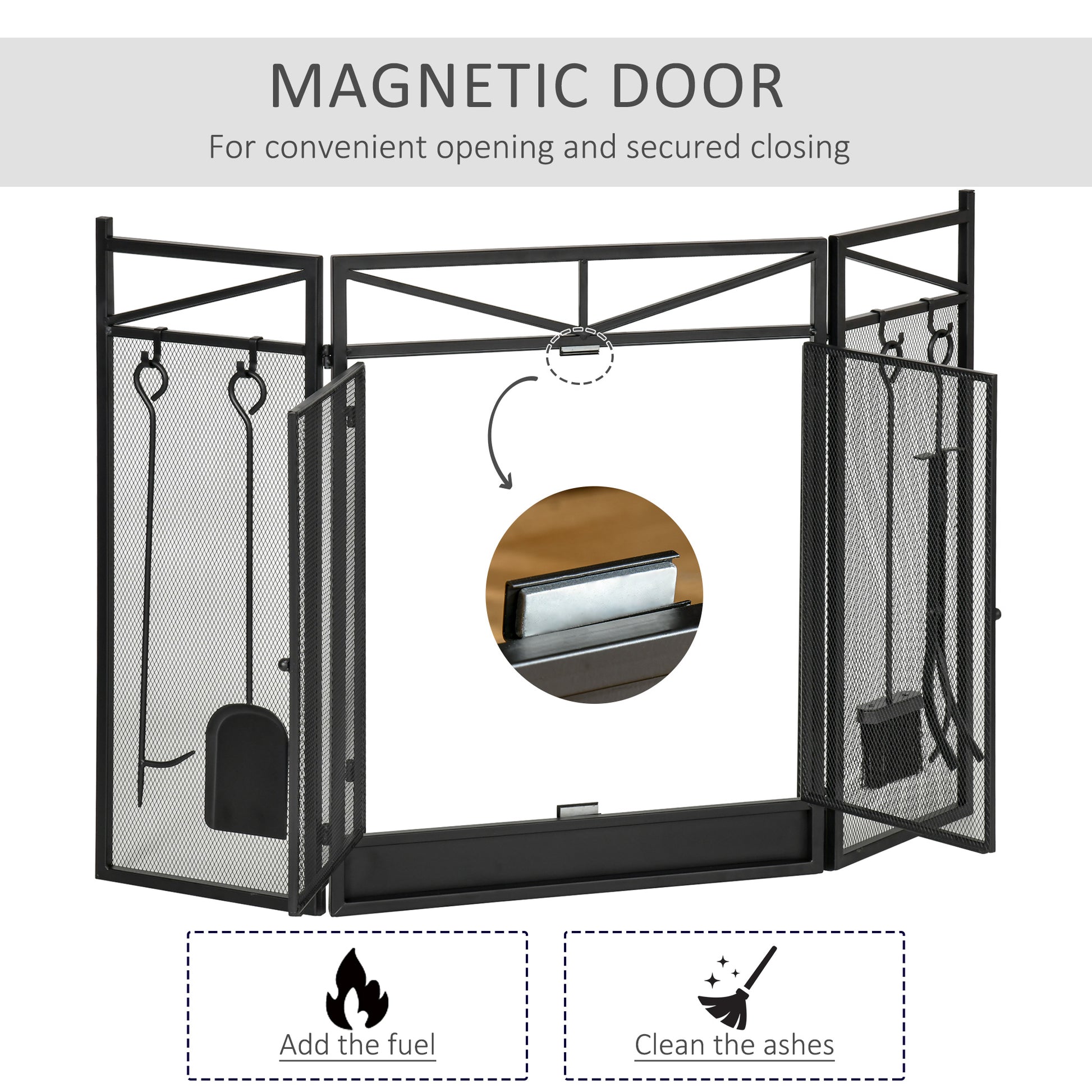 3 Panel Folding Fireplace Screen With 2 Magnetic Doors And Fire Place Tools Set, Fire Spark Guard For Wood Burning, With Brush, Shovel, Poker, Firewood Tongs, 48" X 0.75", Black Black Steel