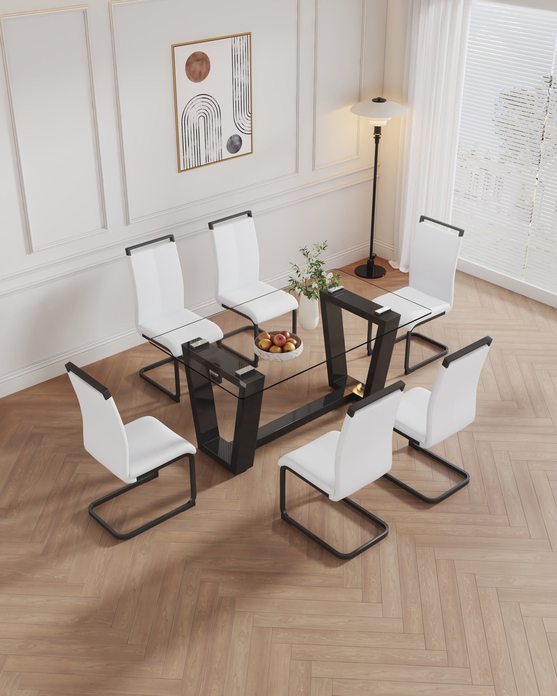 Table And Chair Set, 1 Table With 4 White Chairs. 0.4 "Tempered Glass Desktop And Black Mdf, Pu Artificial Leather High Backrest Cushion Side Chair, C Shaped Tube Black Coated Metal Legs. Black Mdf