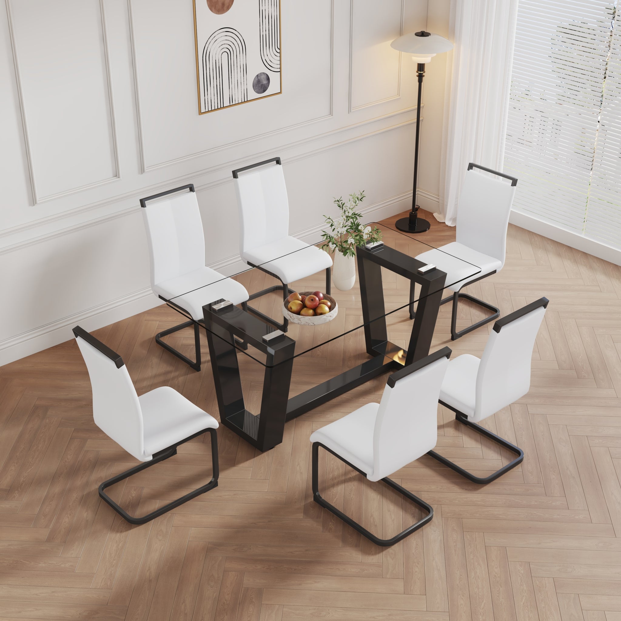 Table And Chair Set, 1 Table With 6 White Chairs. 0.4 "Tempered Glass Desktop And Black Mdf, Pu Artificial Leather High Backrest Cushion Side Chair, C Shaped Tube Black Coated Metal Legs. Black Mdf