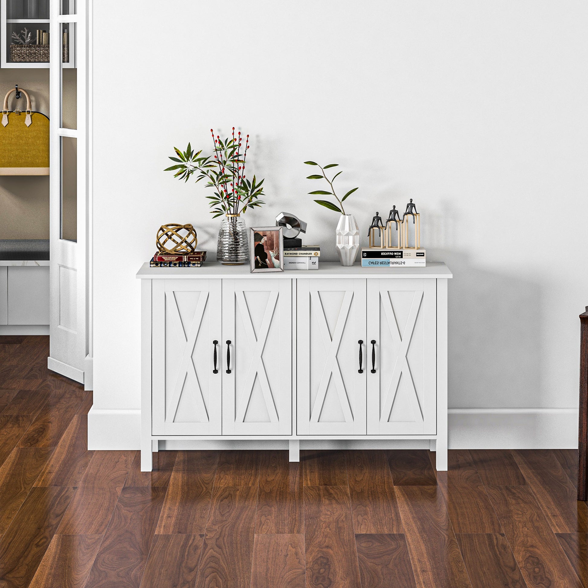 Buffet Cabinet, 47" Sideboard With 4 Barn Doors And 2 Adjustable Shelves, Farmhouse Coffee Bar Cabinet, White White Mdf