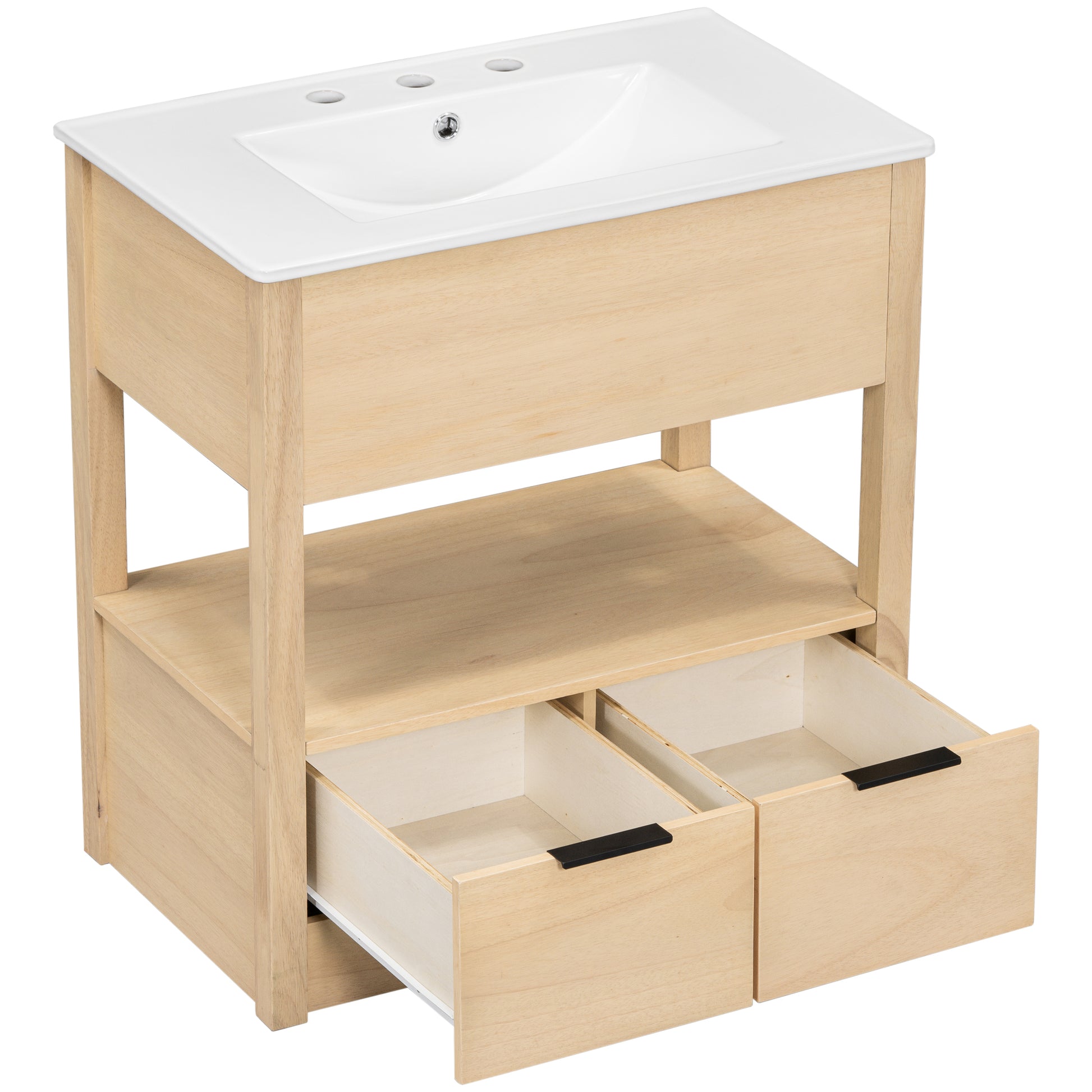 30" Bathroom Vanity With Sink Top, Bathroom Cabinet With Open Storage Shelf And Two Drawers, One Package, Natural Old Sku:Wf311619Aad Natural Solid Wood Mdf