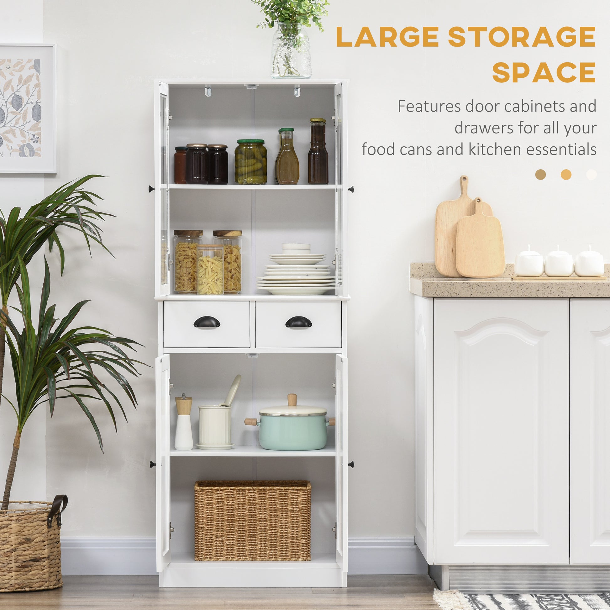 61" Freestanding Kitchen Pantry, Traditional Style Storage Cabinet With Soft Close Doors, Adjustable Shelves, And 2 Drawers, For Living Room, Dining Room, White White Mdf