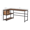 L Shaped Home Offie Computer Desk With Storage Shelves, 2 Dawers And Industrial Steel Frame, Black Brown Brown Mdf