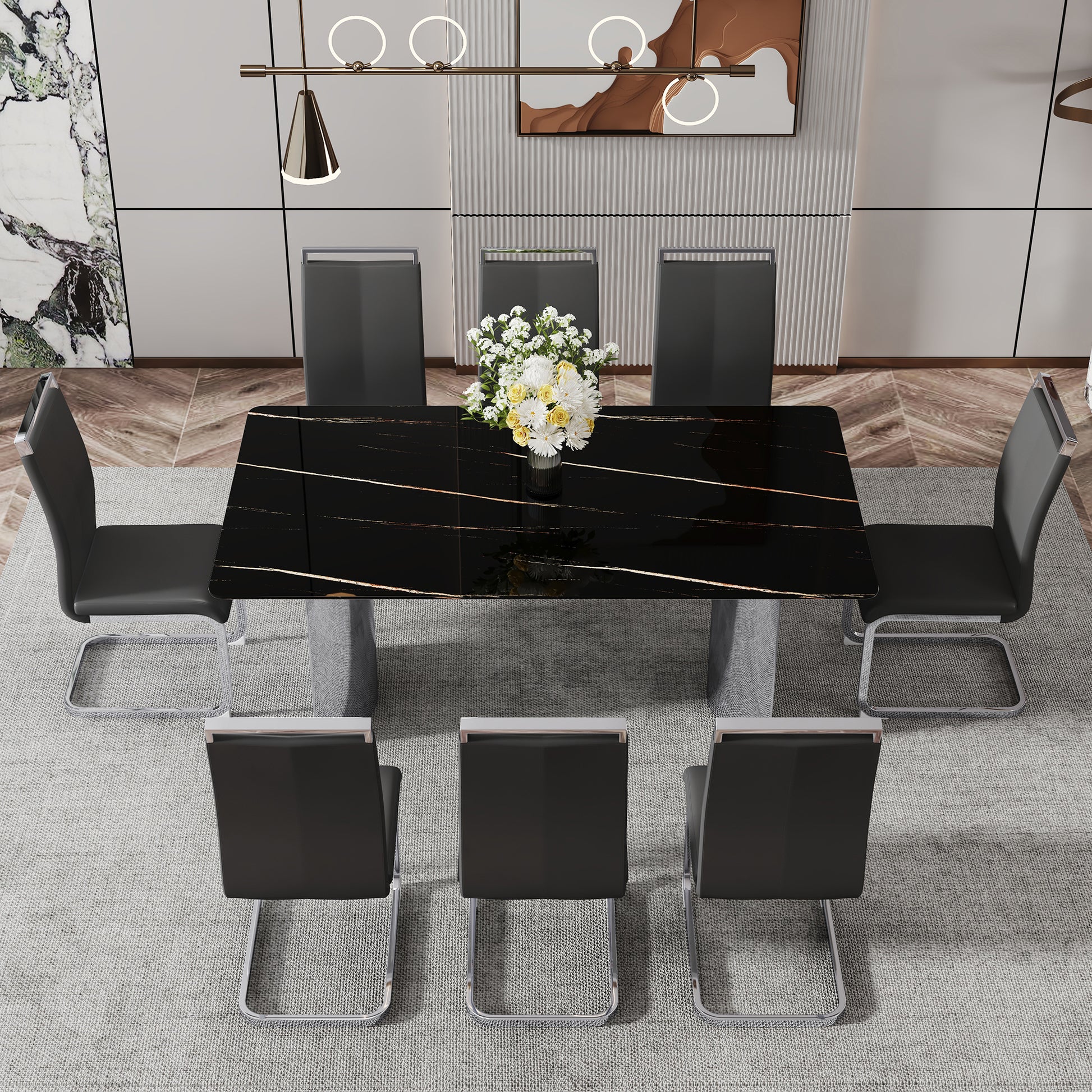 Modern Minimalist Dining Table. The Black Imitation Marble Glass Desktop Is Equipped With Silver Metal Legs. Suitable For Restaurants And Living Rooms 71 "* 39.3" * 29.5 "Dt 69 Black Glass