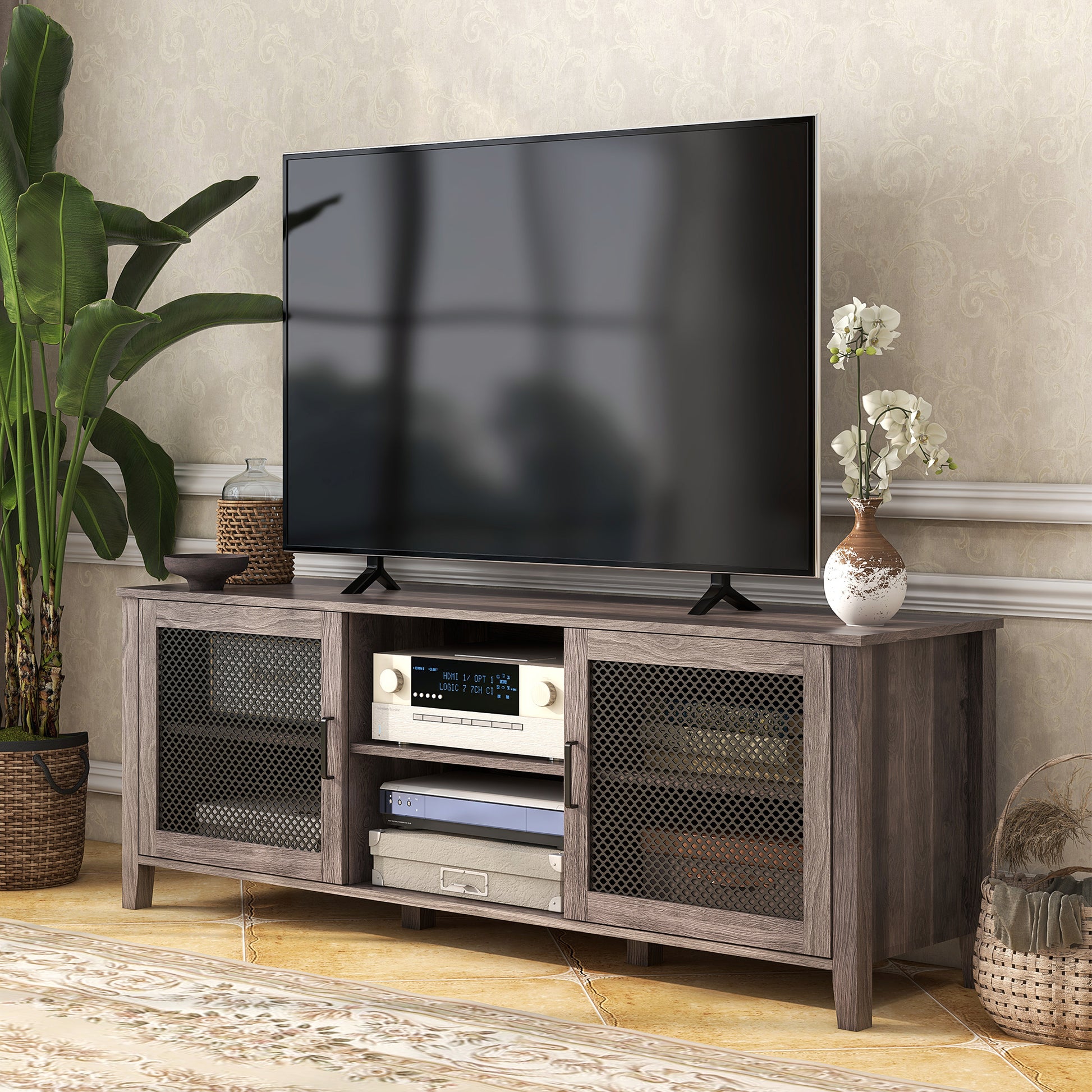 Industrial Tv Cabinet Stand For Tvs Up To 65", Entertainment Center With Mesh Doors And Shelves For Living Room, Brown Brown Particle Board