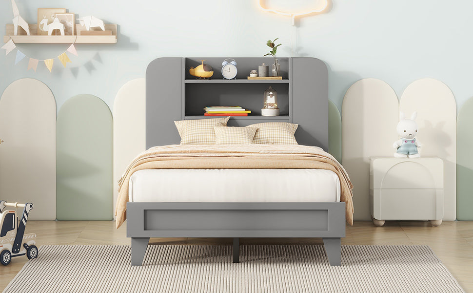 Twin Size Platform Bed With Storage Headboard,Multiple Storage Shelves On Both Sides,Grey Grey Wood