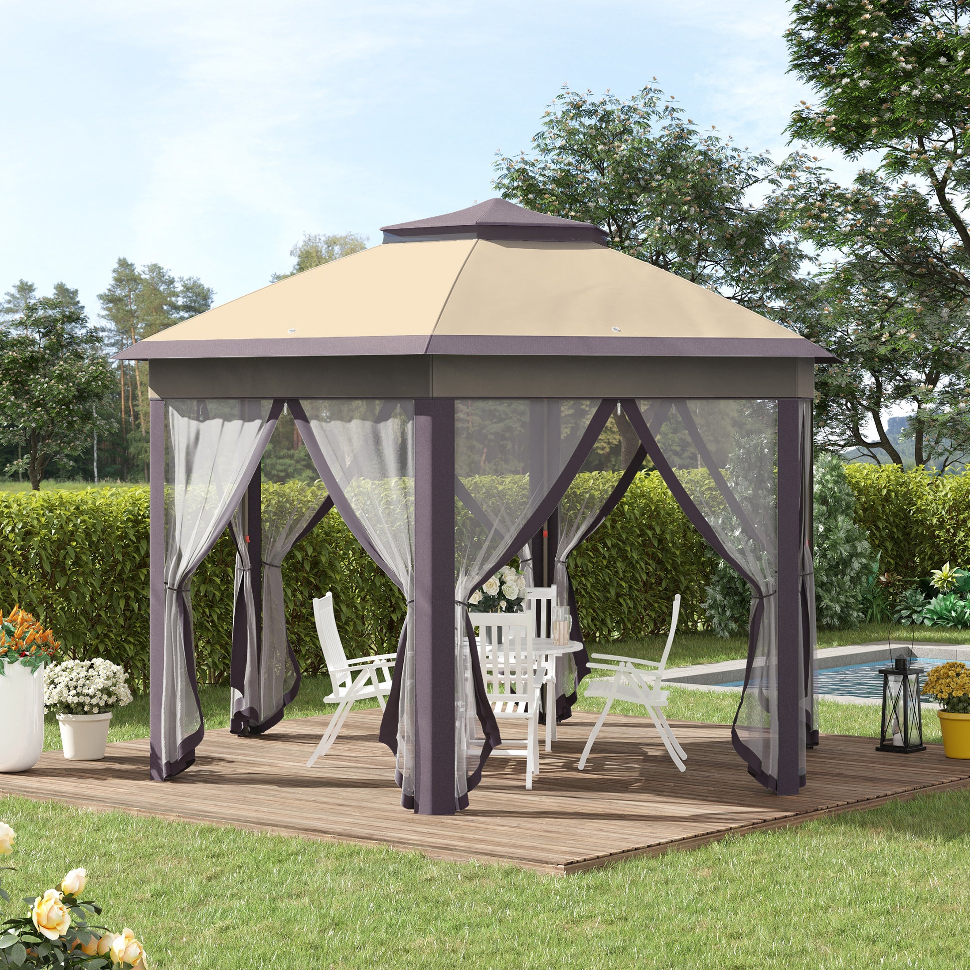 13' X 13' Pop Up Gazebo, Hexagonal Canopy Shelter With 6 Zippered Mesh Netting, Event Tent With Strong Steel Frame For Patio Backyard Garden Wedding Party Beige Steel