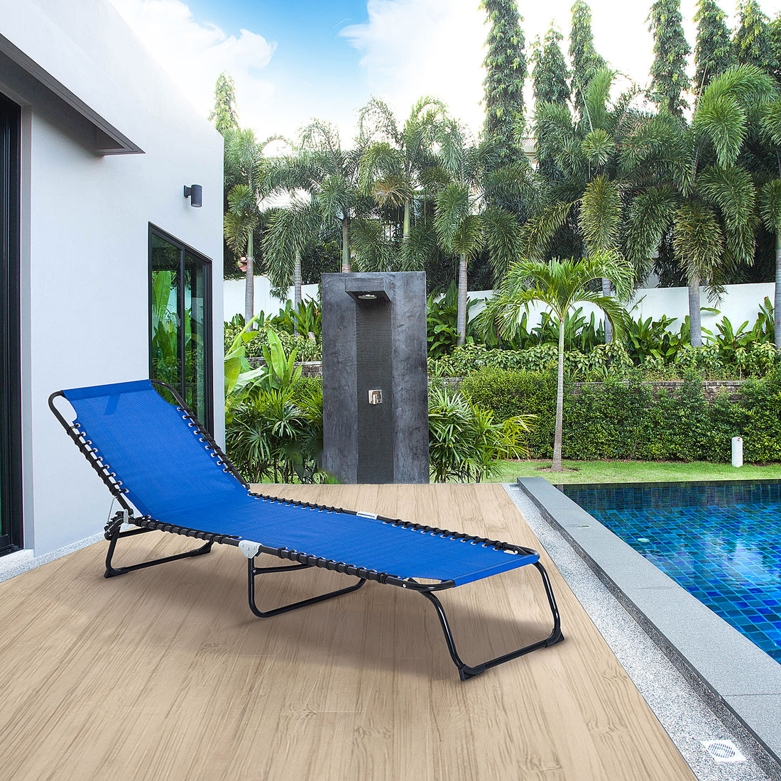 Folding Chaise Lounge Pool Chair, Patio Sun Tanning Chair, Outdoor Lounge Chair With 4 Position Reclining Back,Mesh Seat For Beach, Yard, Patio, Dark Blue Blue Steel