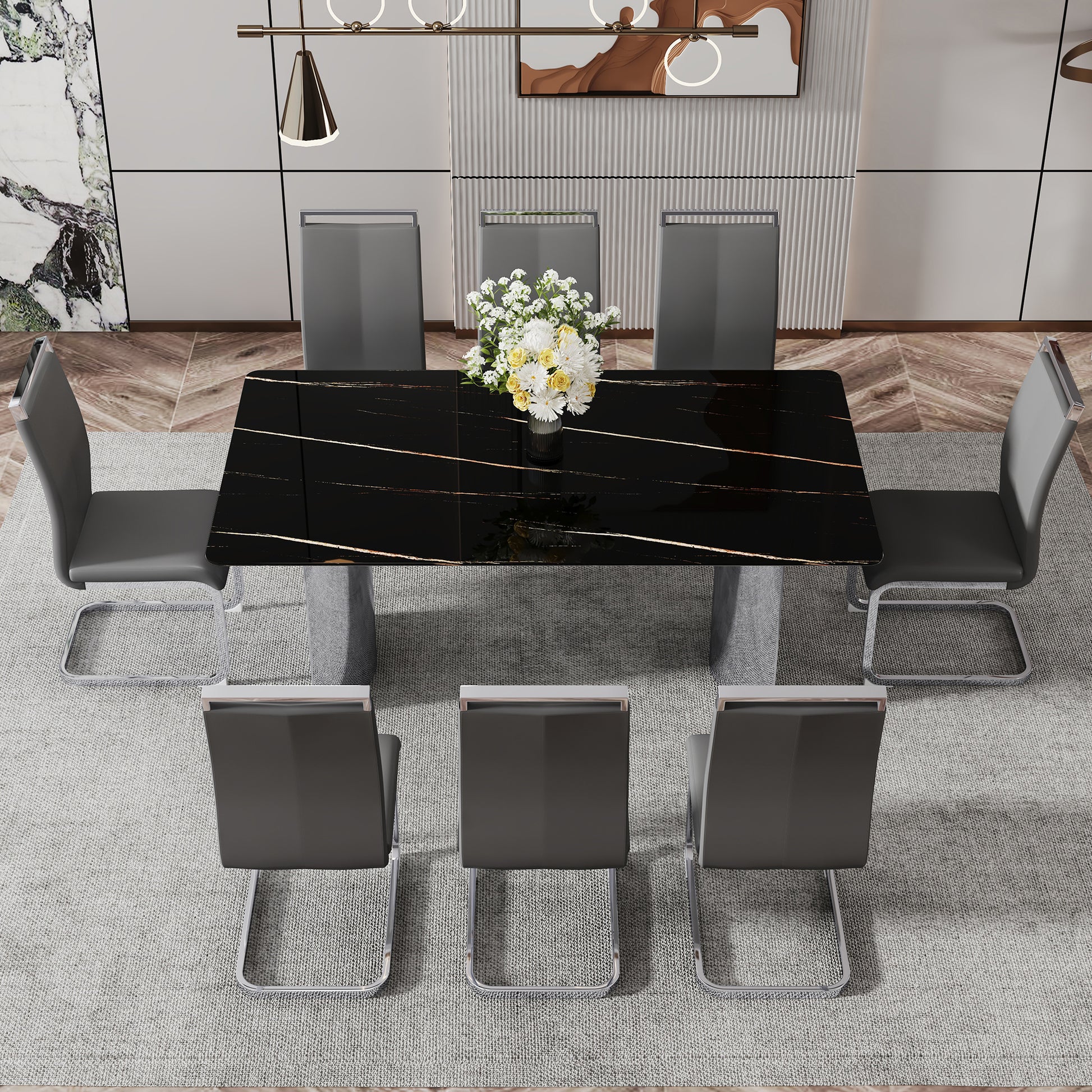 Modern Minimalist Dining Table. The Black Imitation Marble Glass Desktop Is Equipped With Silver Metal Legs. Suitable For Restaurants And Living Rooms 71 "* 39.3" * 29.5 "Dt 69 Black Glass