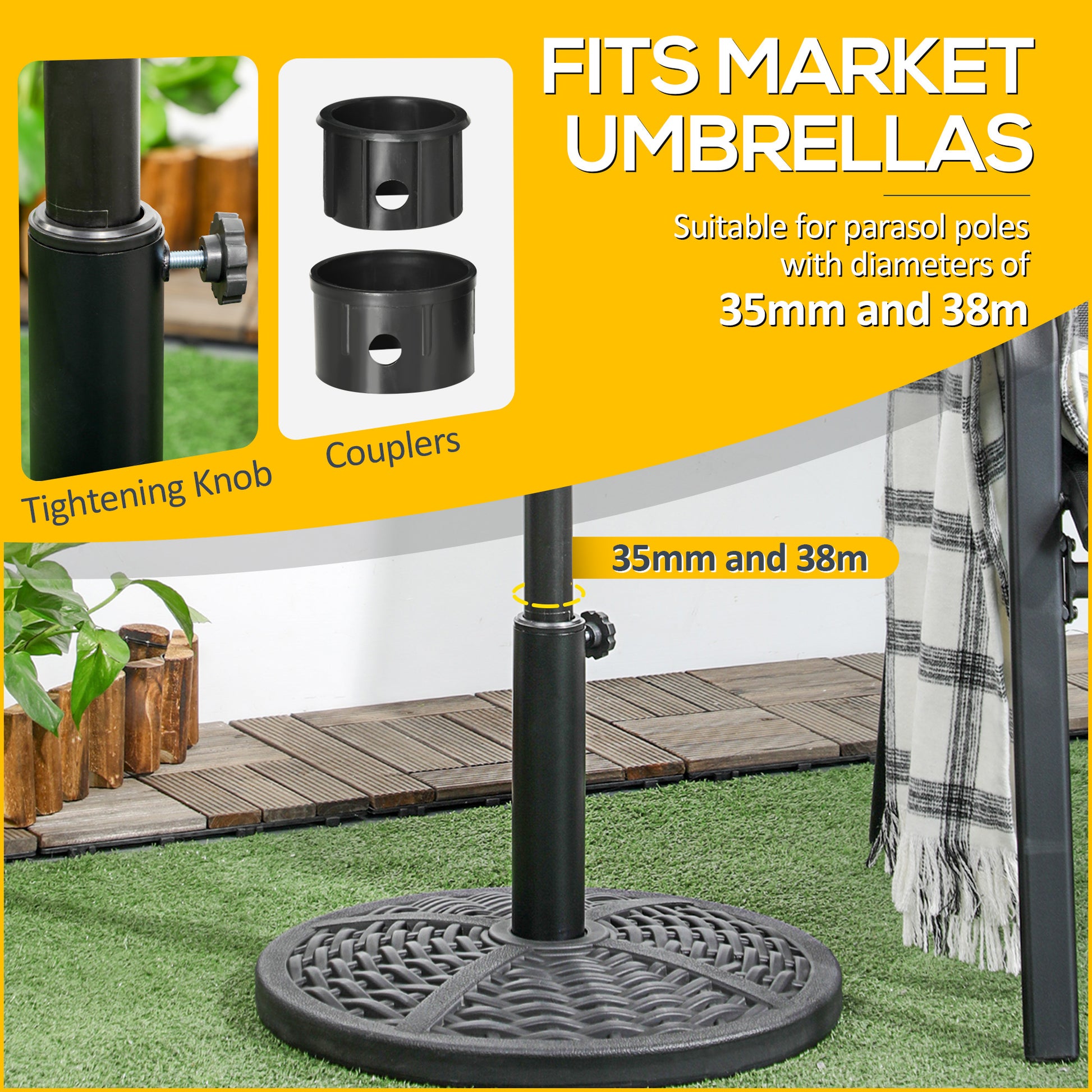 21 Lbs. Market Umbrella Base Holder 18" Heavy Duty Round Parasol Stand With Rattan Design For Patio, Black Black Steel
