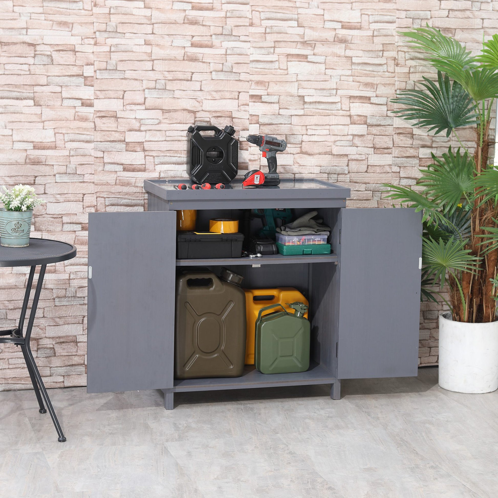 Garden Storage Cabinet, Outdoor Tool Shed With Galvanized Top And Two Shelves For Yard Tools Or Pool Accessories, Grey Gray Wood