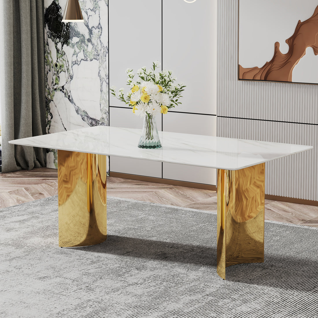 Modern Minimalist Dining Table. The White Imitation Marble Glass Desktop Is Equipped With Golden Metal Legs. Suitable For Restaurants And Living Rooms 71 "* 39.3" * 29.5 "Dt 69 White Glass