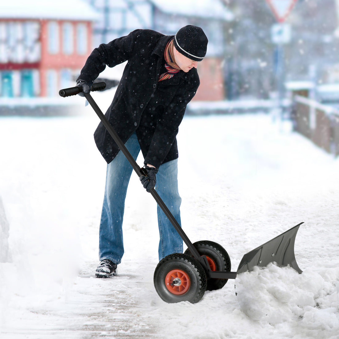 Snow Shovel With Wheels, Snow Pusher, Cushioned Adjustable Angle Handle Snow Removal Tool, 29" Blade, 10" Wheels, Black Black Steel