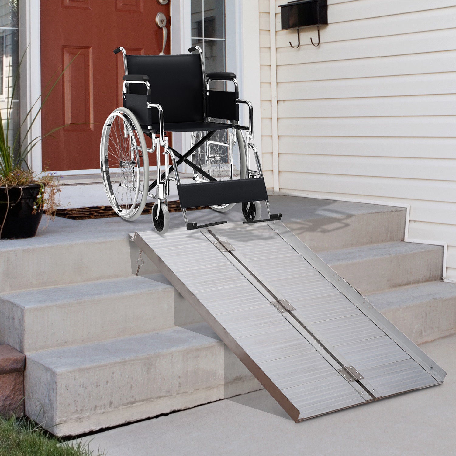 Wheelchair Ramp 4Ft, Folding Aluminum Threshold Ramp With Non Slip Surface, Transition Plates, 600Lbs Weight Capacity, Handicap Ramp For Home, Doorways, Curbs, Steps Silver Metal