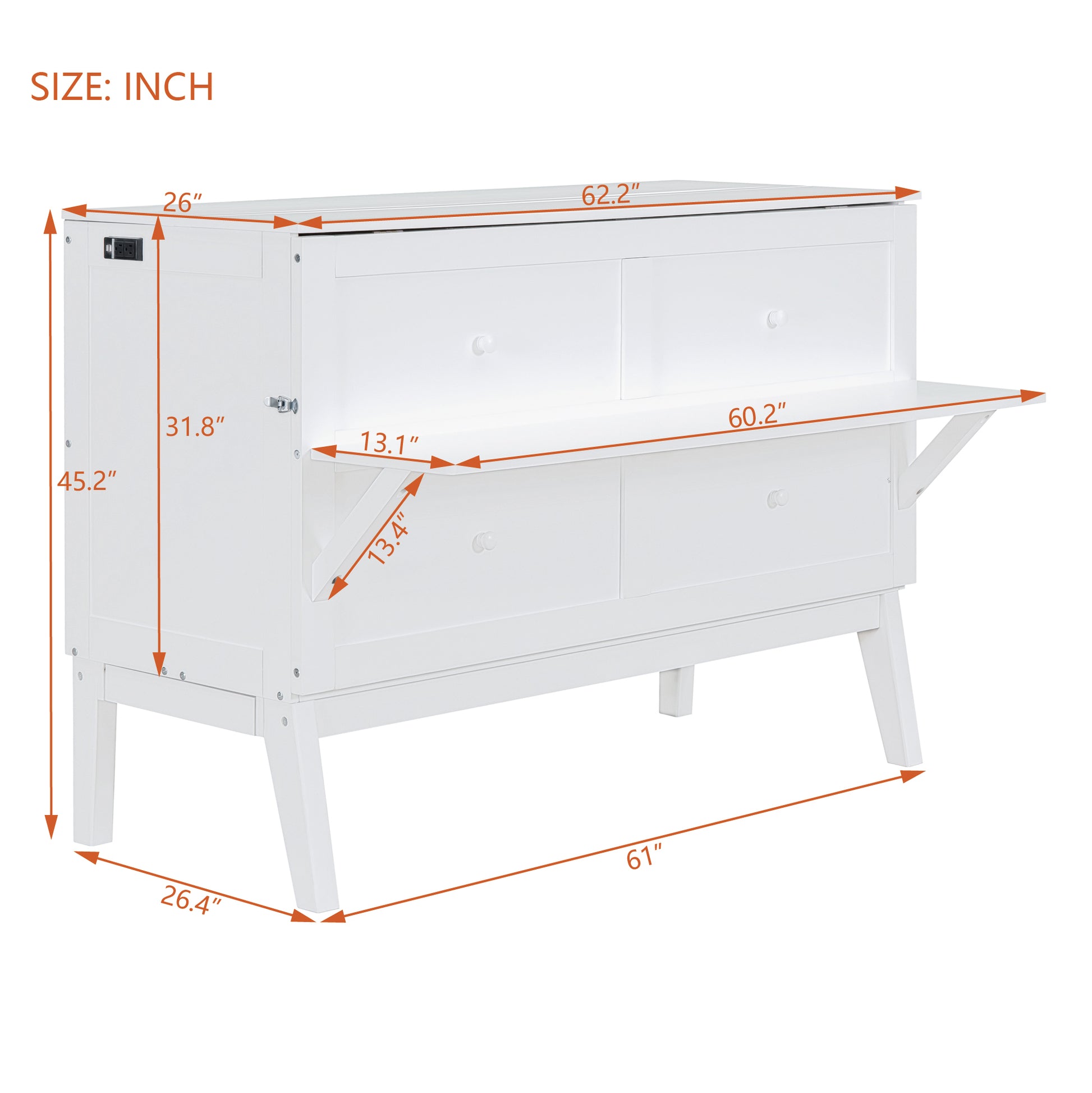 Queen Size Murphy Bed With Usb Port And Removable Shelves On Each Side,White White Solid Wood Mdf