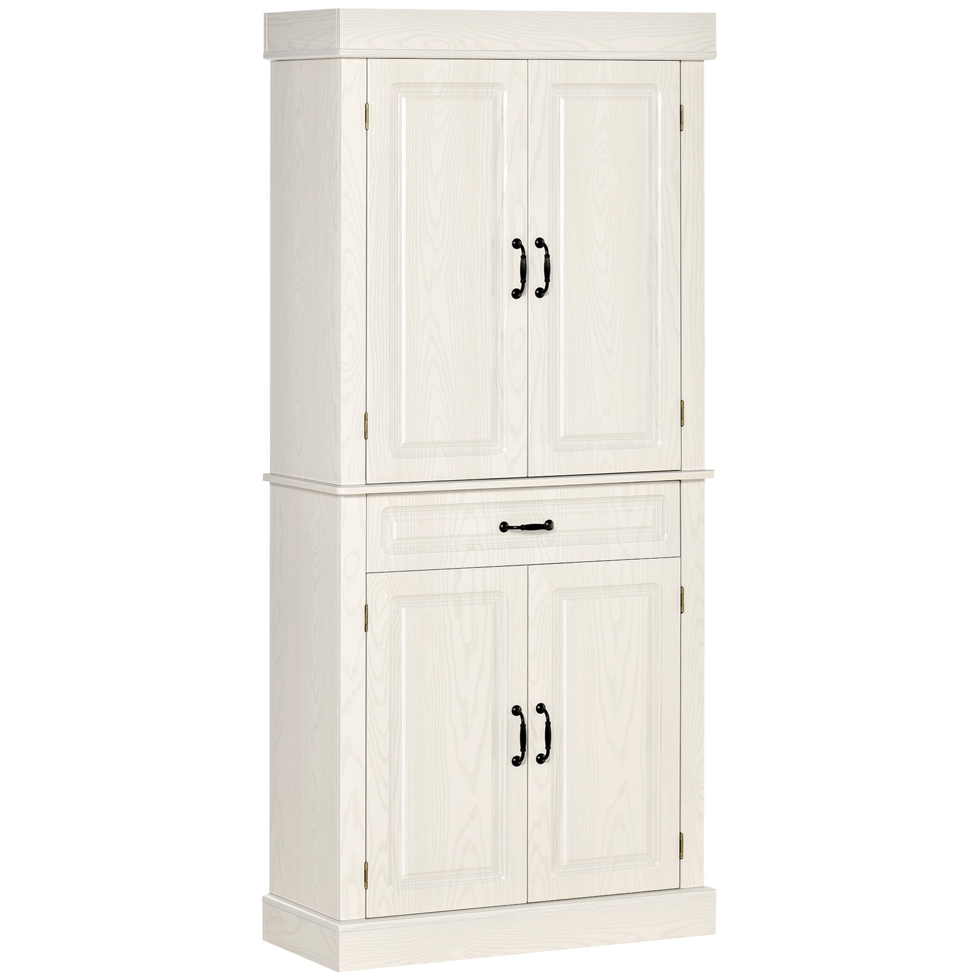 71" Freestanding Kitchen Pantry With 4 Doors, And 2 Large Cabinets, Tall Storage Cabinet With Wide Drawer For Kitchen Dining Room, White White Engineered Wood