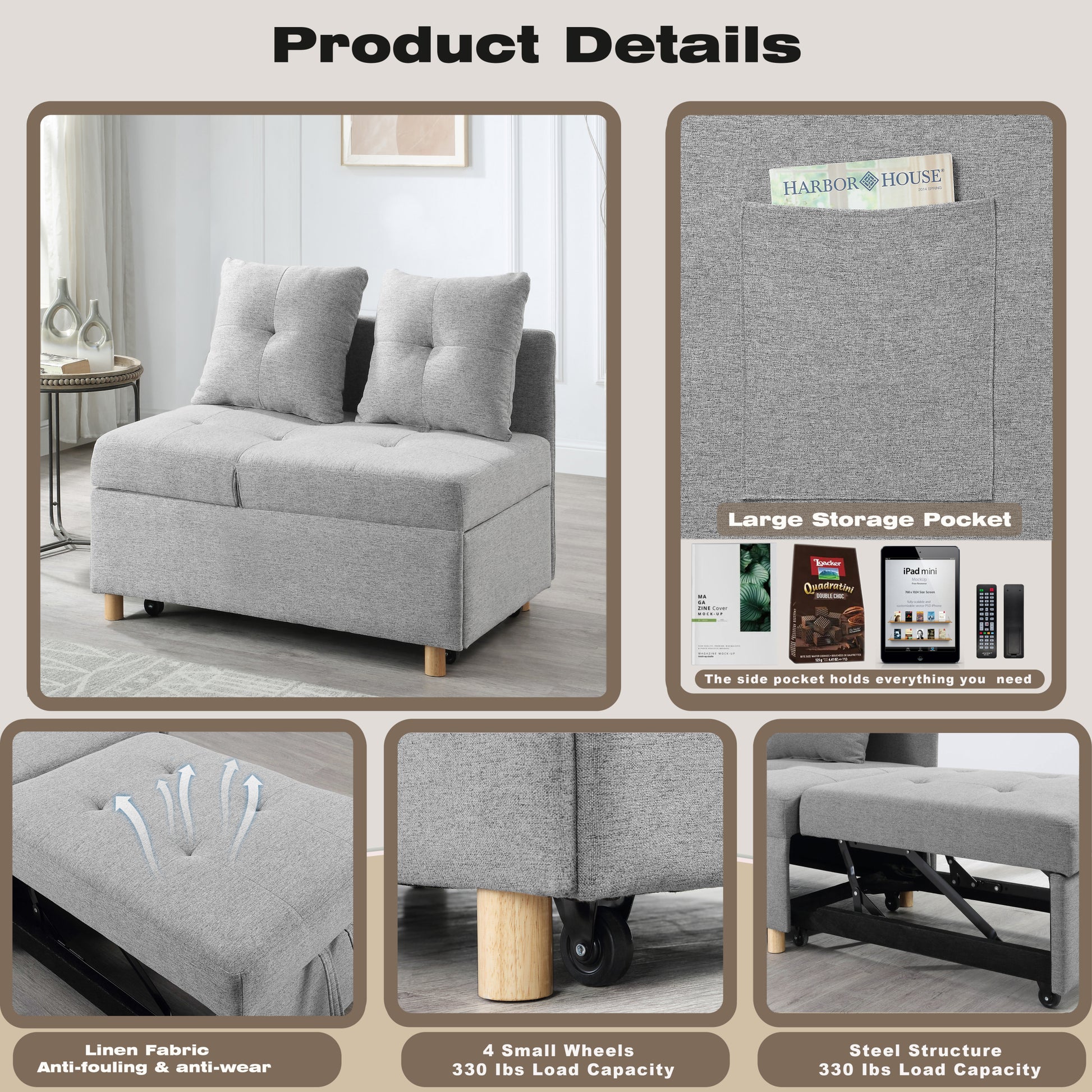 4 In 1 Convertible Sofas & Couches, Single Extendable Sofa With 6 Position Adjustable Back, Sofa Bed With 2 Pillows, Light Gray Light Gray Linen Armless Wood Fabric 1 Seat