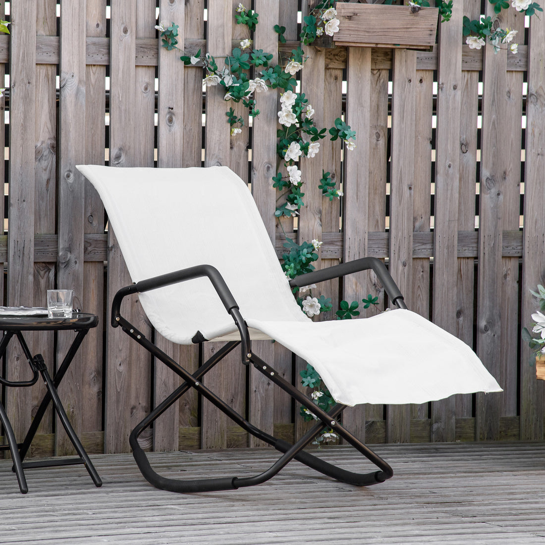 Rocking Sun Lounger, Chaise Lounge Rocker For Sunbathing, Sun Tanning, Foldable, Portable Outdoor Patio Chair, White White Steel