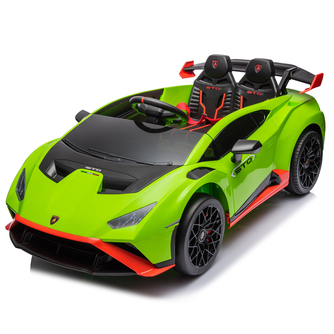 Lamborghini Huracan Sto 24V Kids Electric Ride On Drift Car: Speeds 1.86 5.59 Mph, Ages 3 8, Foam Front Wheels, 360 Spin, Led Lights, Dynamic Music, Early Learning, Usb Port, Drift Feature Green Polypropylene