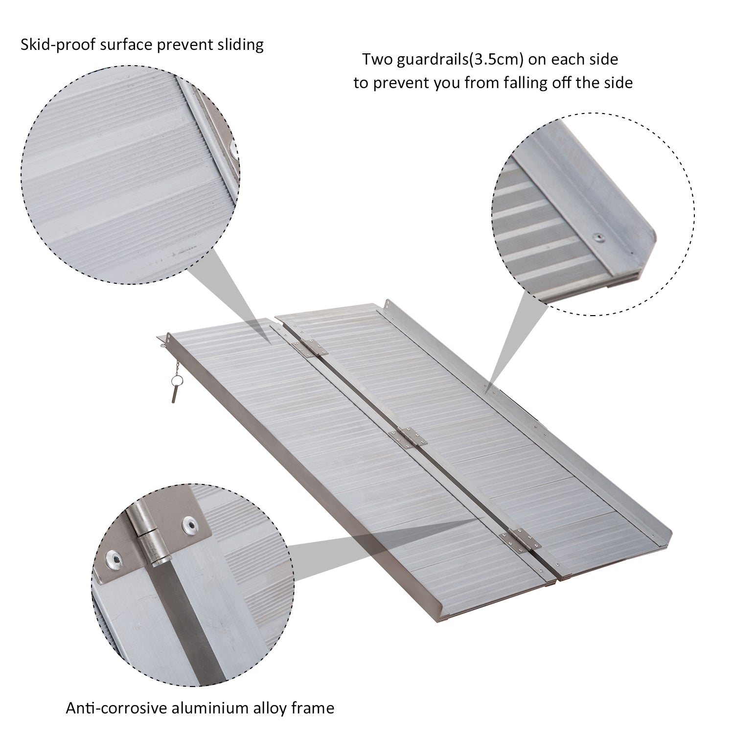 Wheelchair Ramp 4Ft, Folding Aluminum Threshold Ramp With Non Slip Surface, Transition Plates, 600Lbs Weight Capacity, Handicap Ramp For Home, Doorways, Curbs, Steps Silver Metal