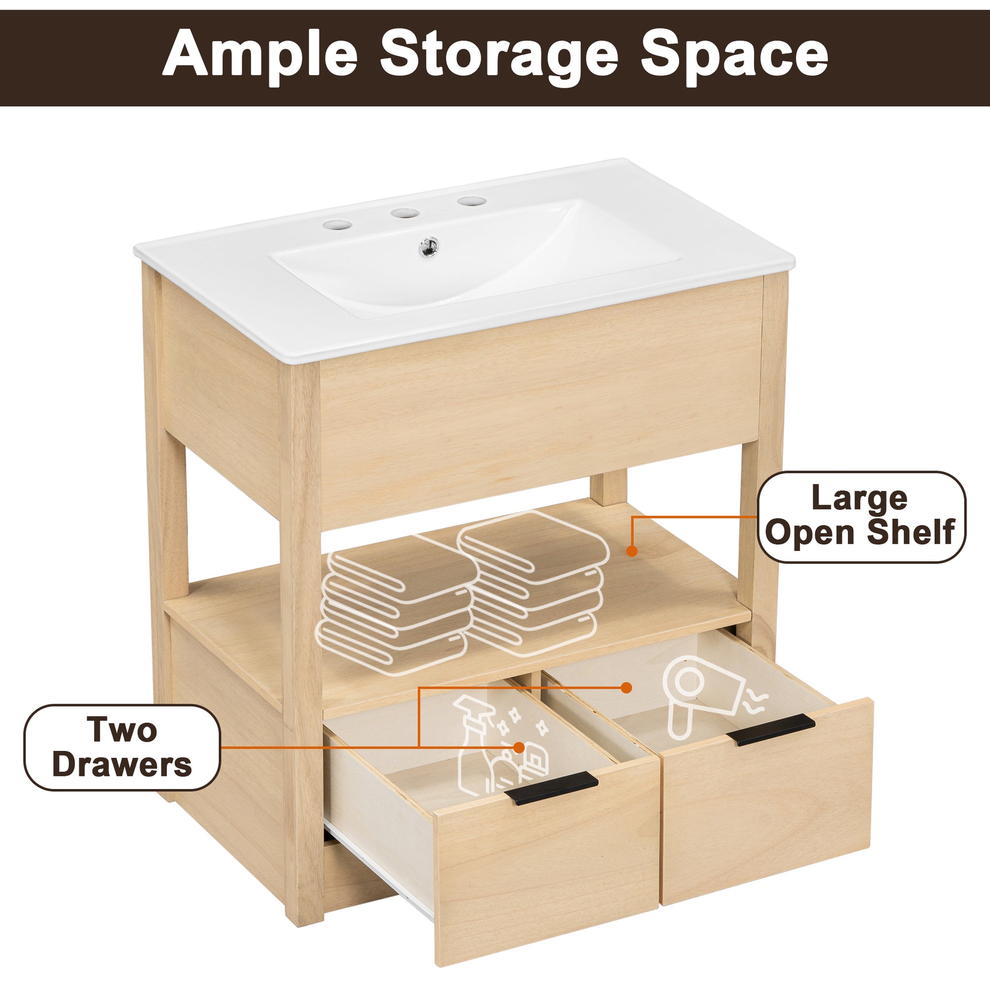 30" Bathroom Vanity With Sink Top, Bathroom Cabinet With Open Storage Shelf And Two Drawers, One Package, Natural Old Sku:Wf311619Aad Natural Solid Wood Mdf