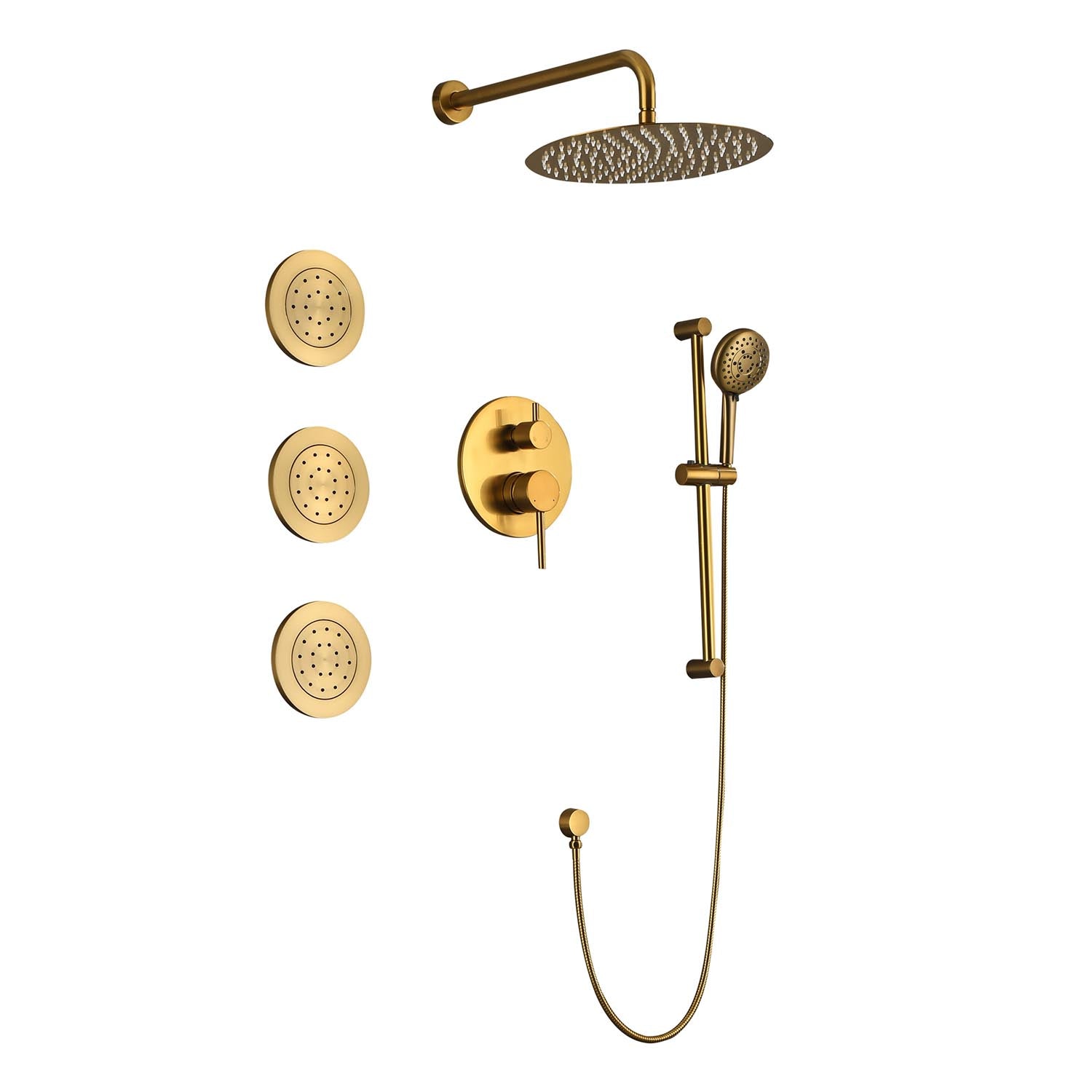 Shower System With Shower Head, Hand Shower, Slide Bar, Bodysprays, Shower Arm, Hose, Valve Trim, And Lever Handles Brushed Gold Wall Mounted Bathroom Brass