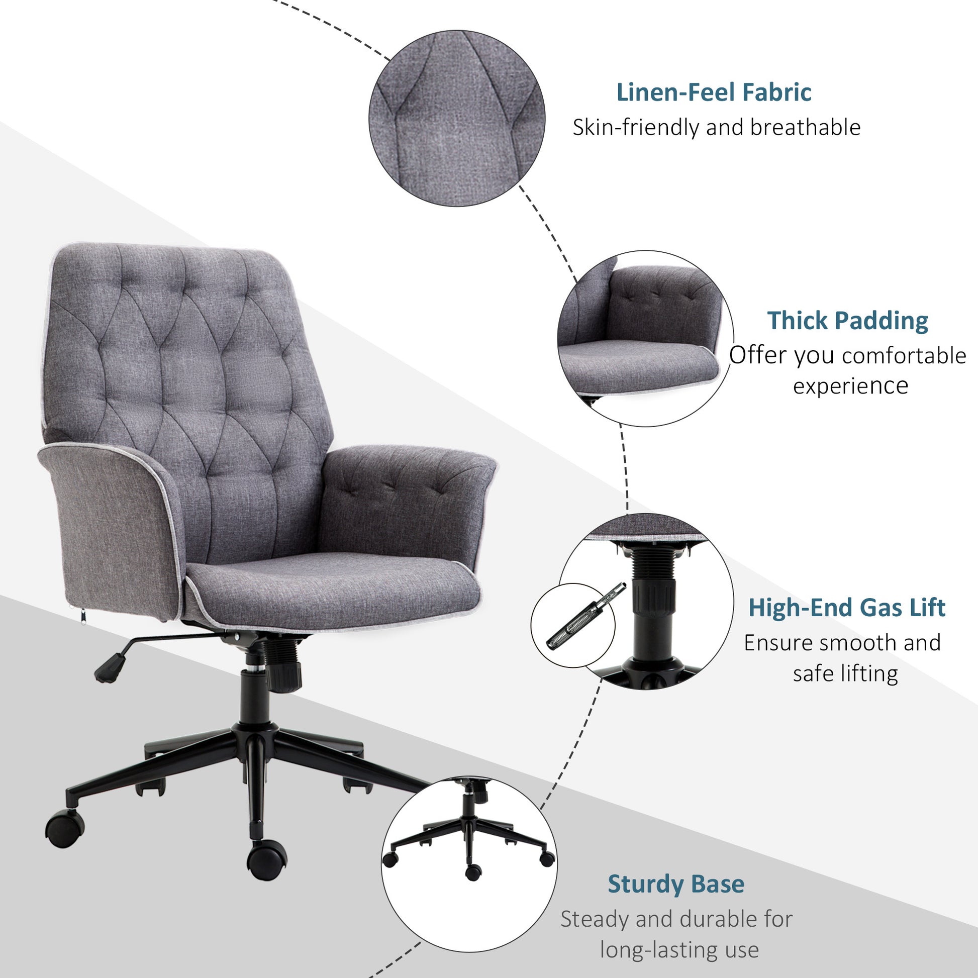 Linen Home Office Chair, Tufted Height Adjustable Computer Desk Chair With Swivel Wheels And Padded Armrests, Dark Gray Grey Fabric