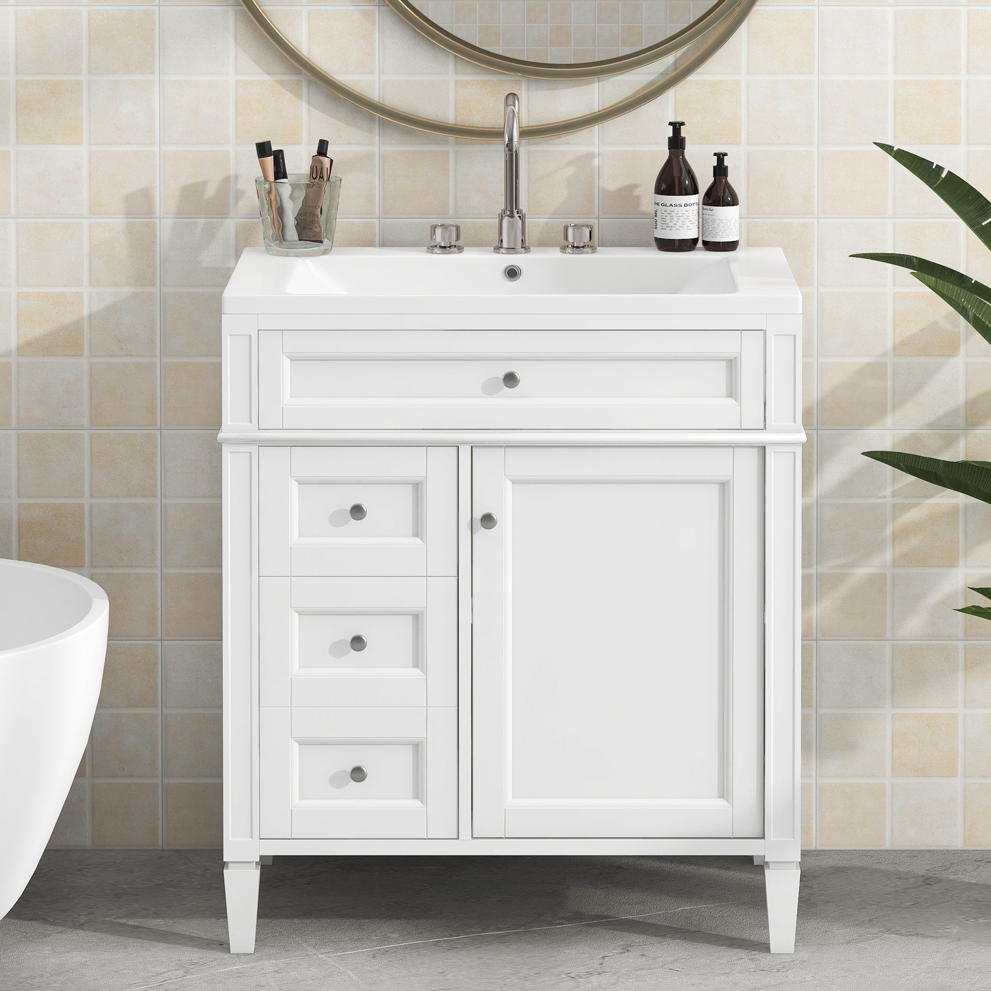 30'' Bathroom Vanity With Top Sink, Modern Bathroom Storage Cabinet With 2 Drawers And A Tip Out Drawer, Single Sink Bathroom Vanity White Modern Mdf