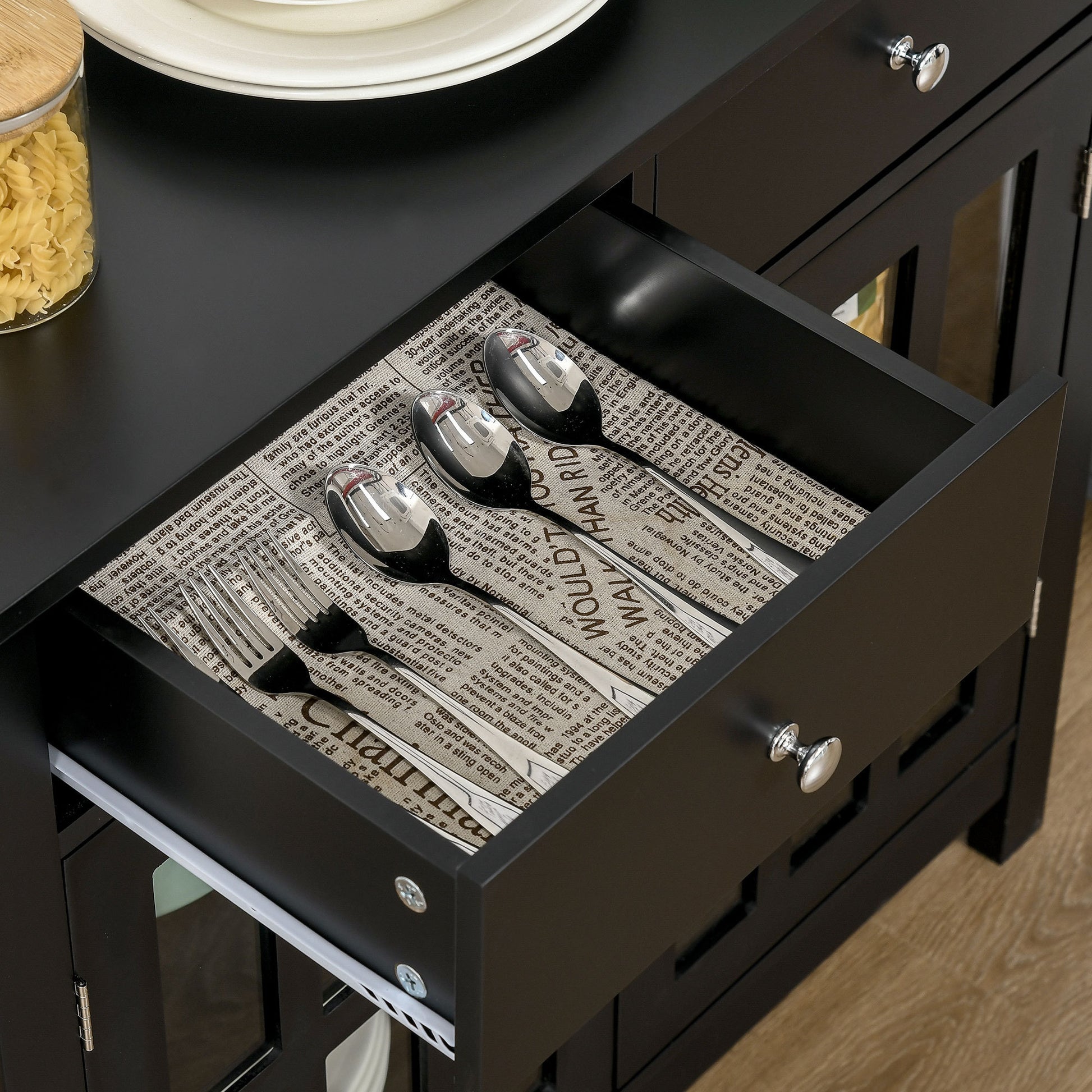 Sideboard Buffet Cabinet, Accent Kitchen Cabinet With Glass Doors, Adjustable Shelf And 2 Drawers For Kitchen, Black Black Mdf Glass