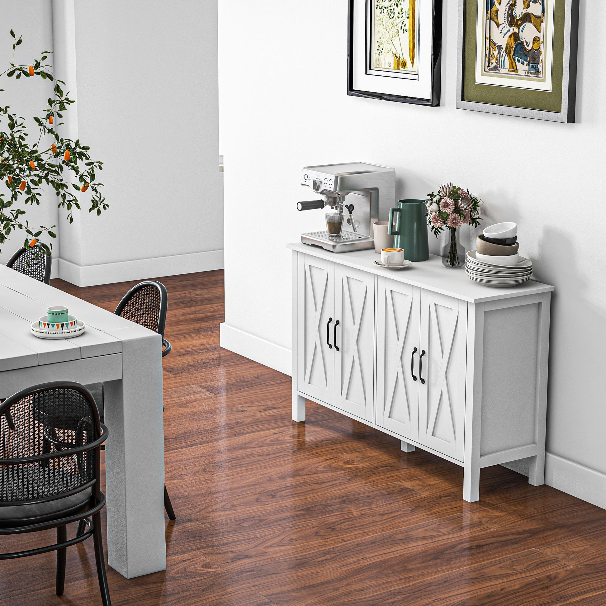 Buffet Cabinet, 47" Sideboard With 4 Barn Doors And 2 Adjustable Shelves, Farmhouse Coffee Bar Cabinet, White White Mdf