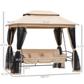 3 Seat Patio Swing Chair, Outdoor Gazebo Swing With Double Tier Canopy, Mesh Sidewalls, Cushioned Seat And Pillows, Beige Beige Steel
