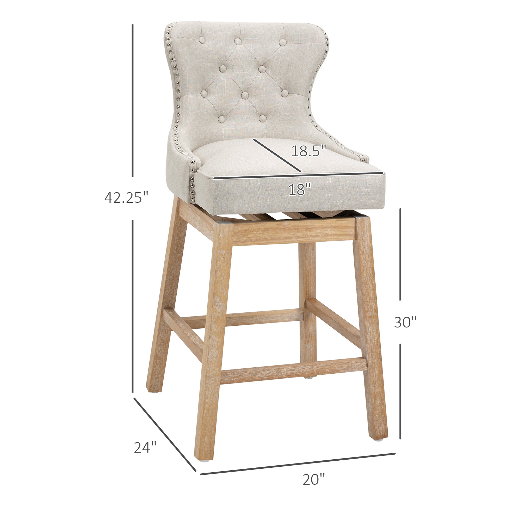 Upholstered Fabric Bar Height Bar Stools, 180 Swivel Trim Pub Chairs, 30" Seat Height With Rubber Wood Legs, Set Of 2, Cream Cream White Linen