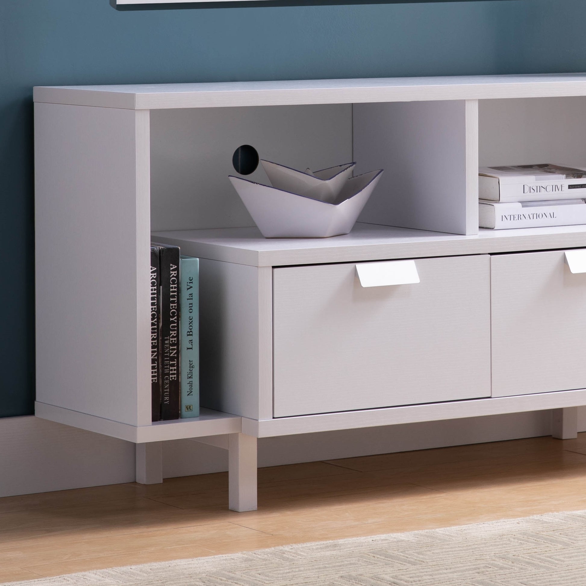 Modern Tv Stand With Two Shelves And Two Drawers White White 40 49 Inches Particle Board