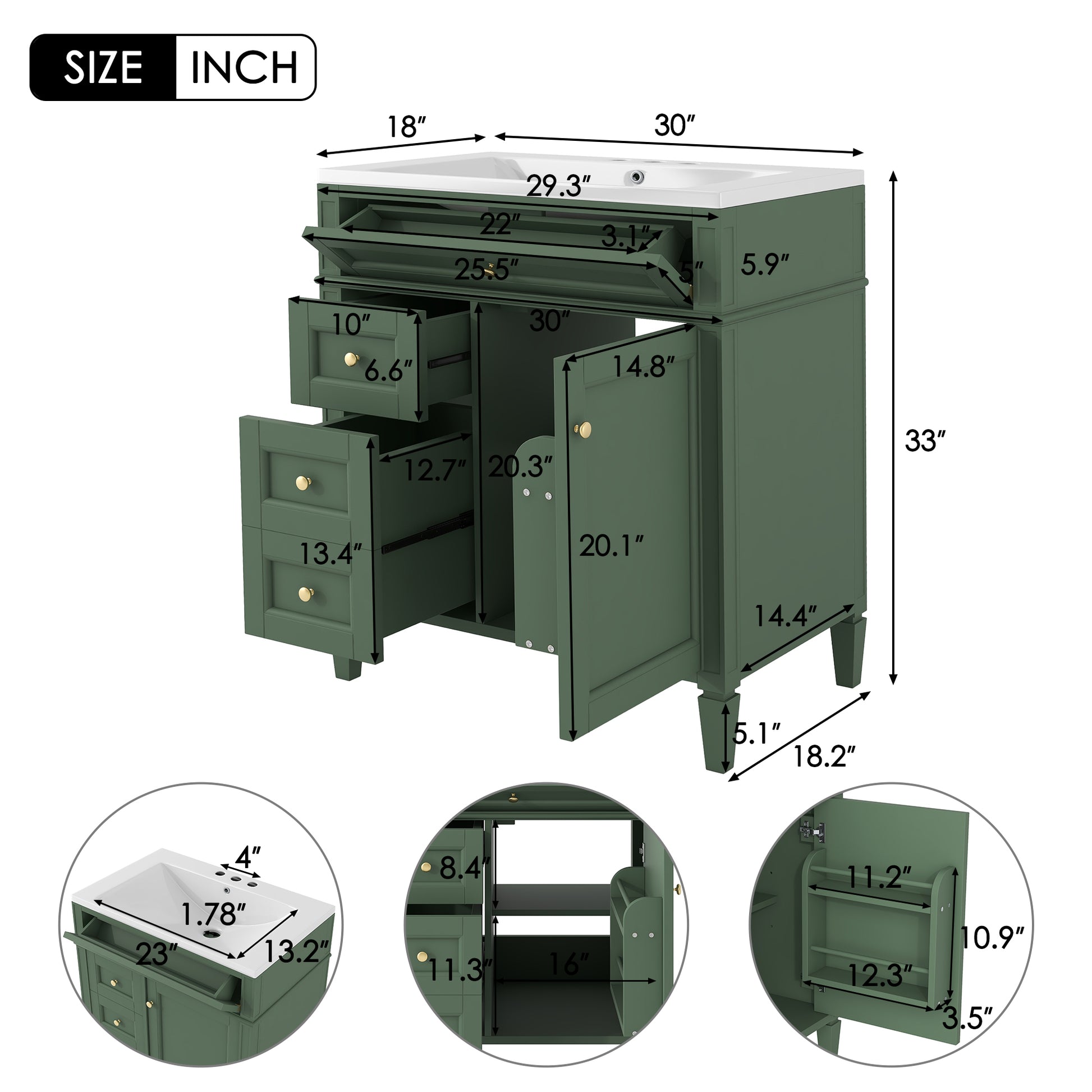 30'' Bathroom Vanity With Top Sink, Modern Bathroom Storage Cabinet With 2 Drawers And A Tip Out Drawer, Single Sink Bathroom Vanity Green Mdf