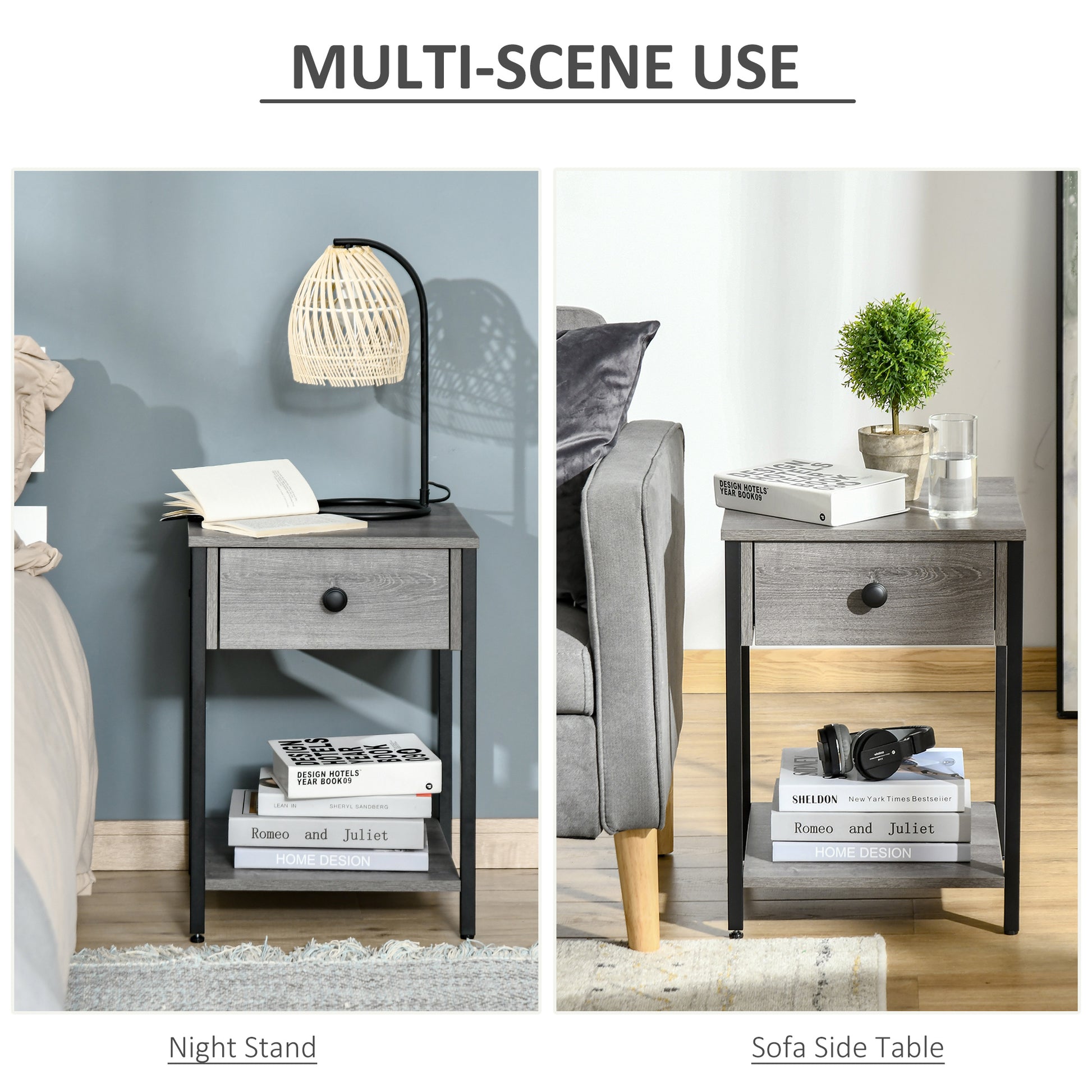 Industrial End Table With Storage Shelf, Accent Side Table With Drawer For Living Room, Or Bedroom, Grey Grey Particle Board