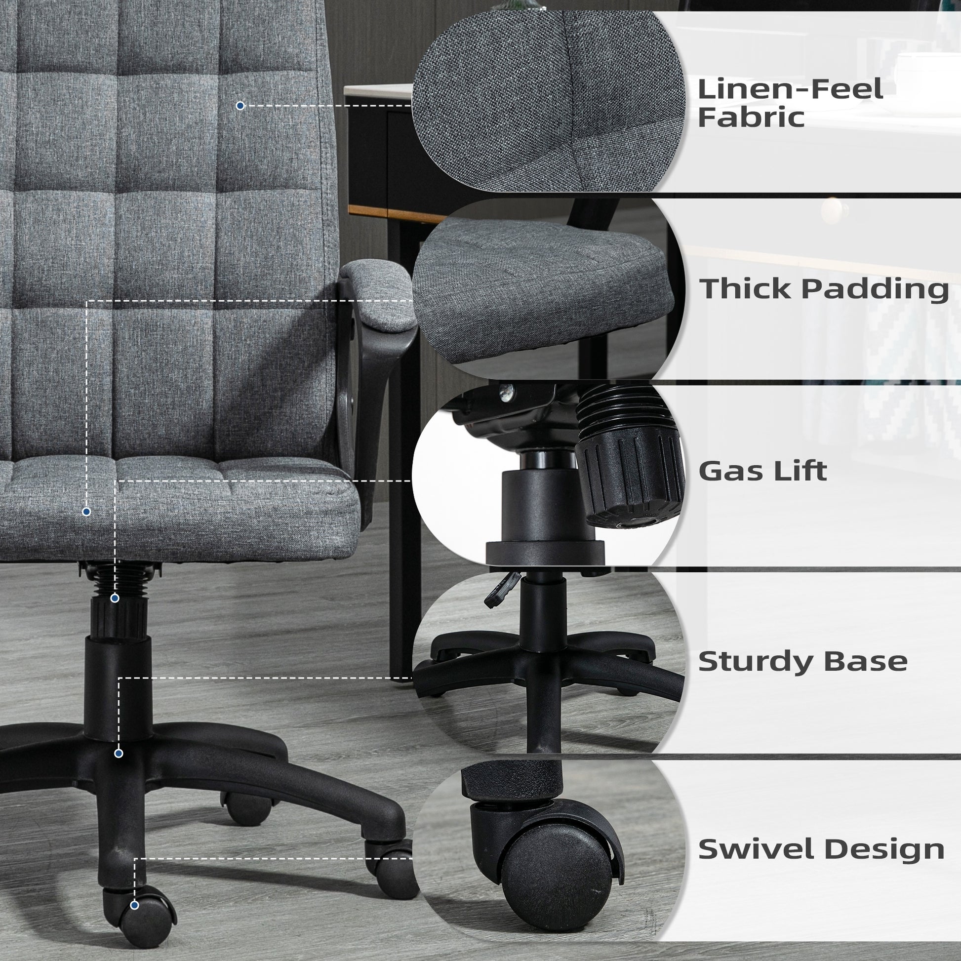 Fabric Office Chair, Computer Desk Chair, Swivel Task Chair With Arms, Adjustable Height, Swivel Wheels, Mid Back, Charcoal Gray Charcoal Grey Linen