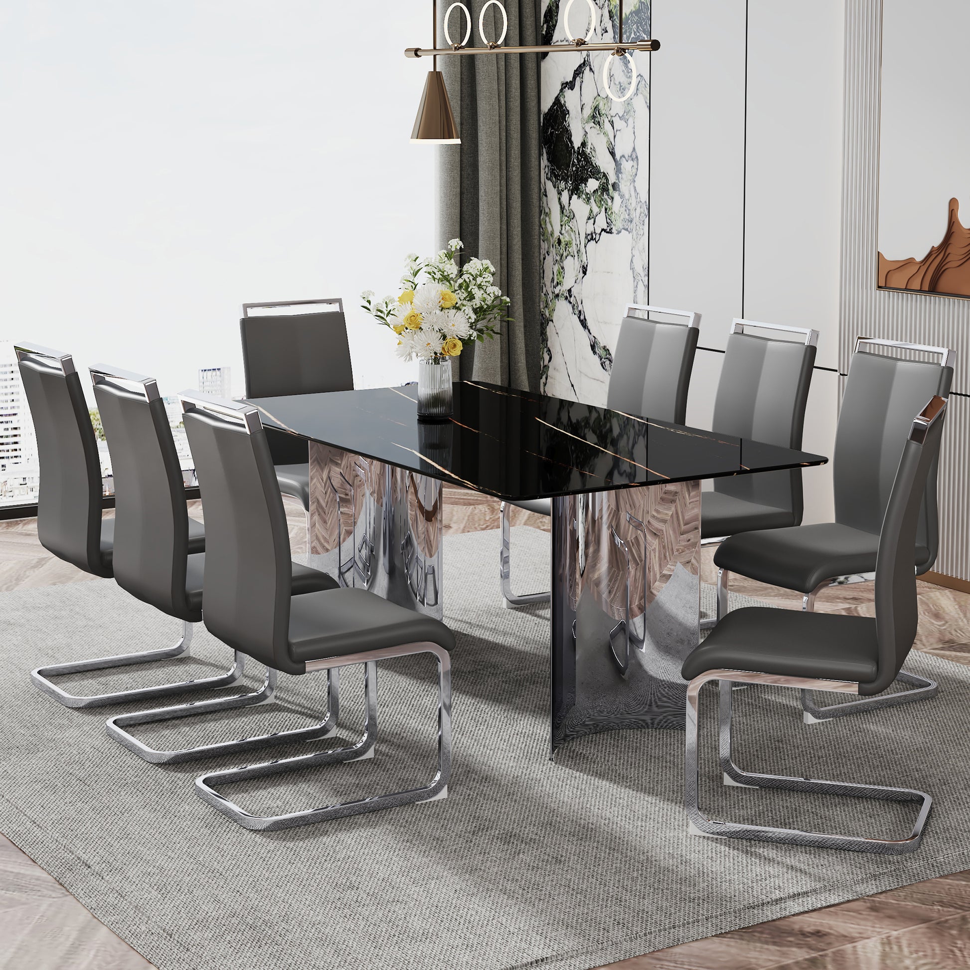 Modern Minimalist Dining Table. The Black Imitation Marble Glass Desktop Is Equipped With Silver Metal Legs. Suitable For Restaurants And Living Rooms 71 "* 39.3" * 29.5 "Dt 69 Black Glass