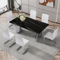 Modern Minimalist Dining Table. The Black Imitation Marble Glass Desktop Is Equipped With Silver Metal Legs. Suitable For Restaurants And Living Rooms 71 